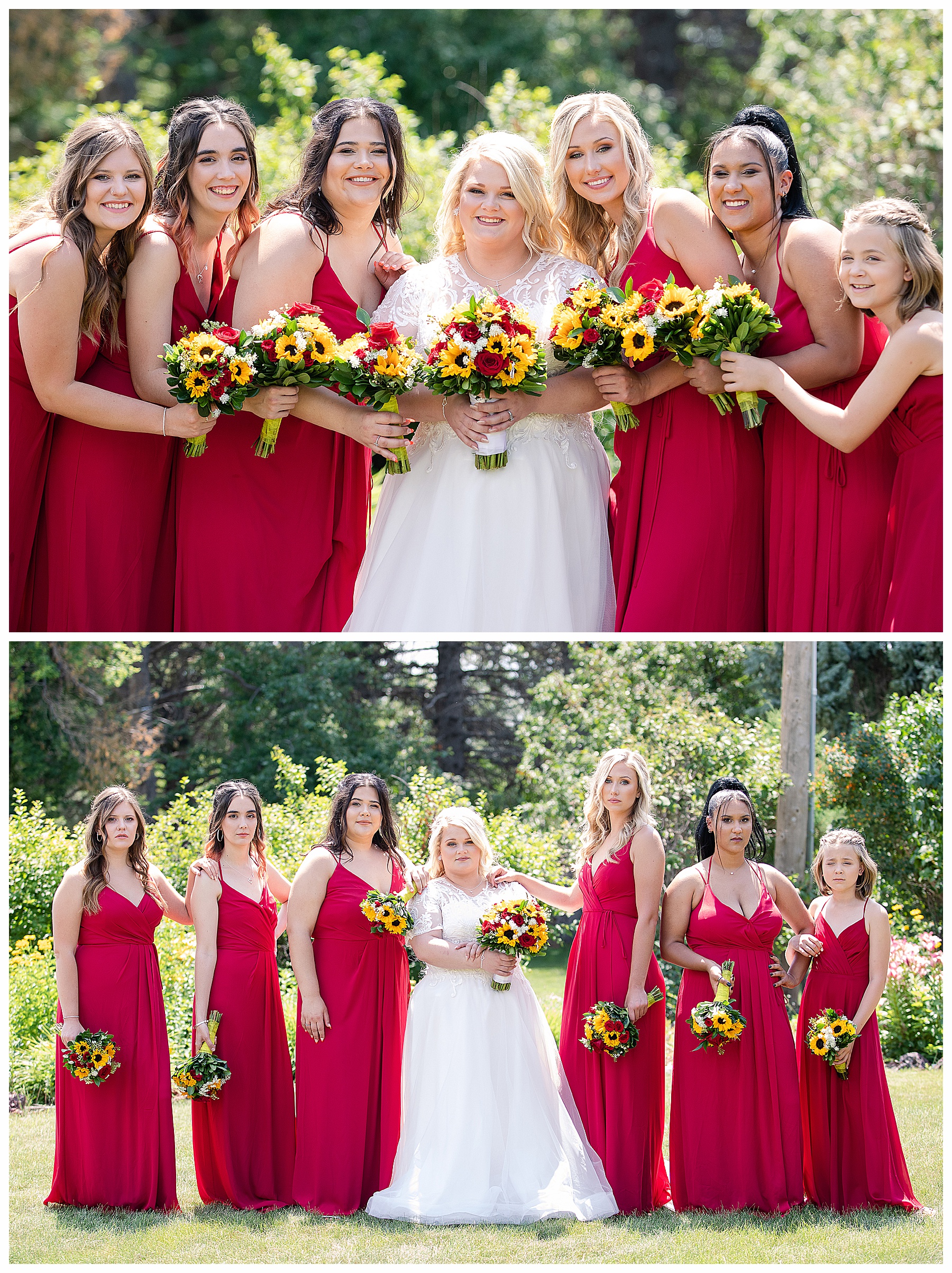 bride with bridesmaids wearing red dresses and sunflower bouquets