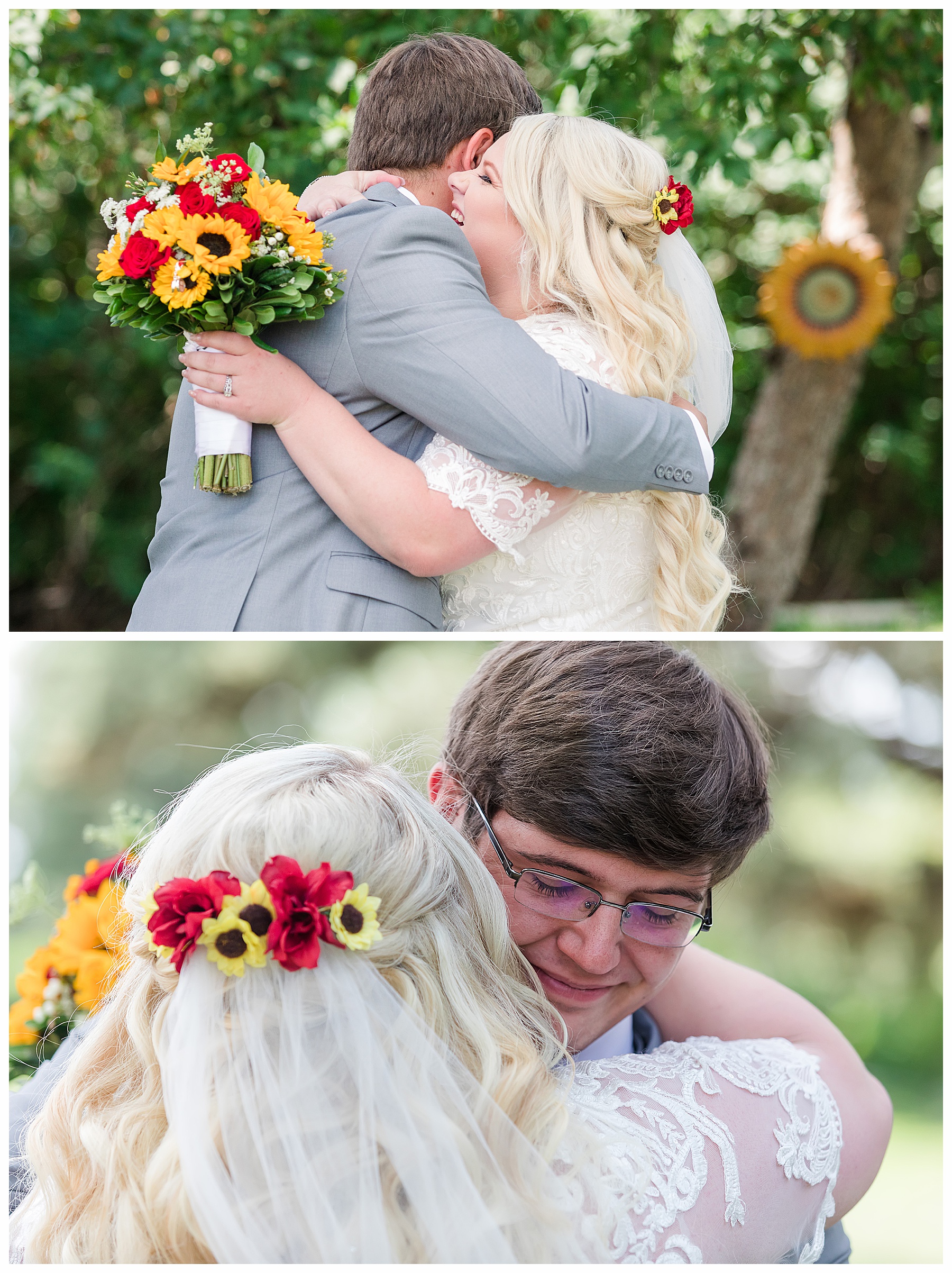 Bride with sunflowers and red roses hug after first look