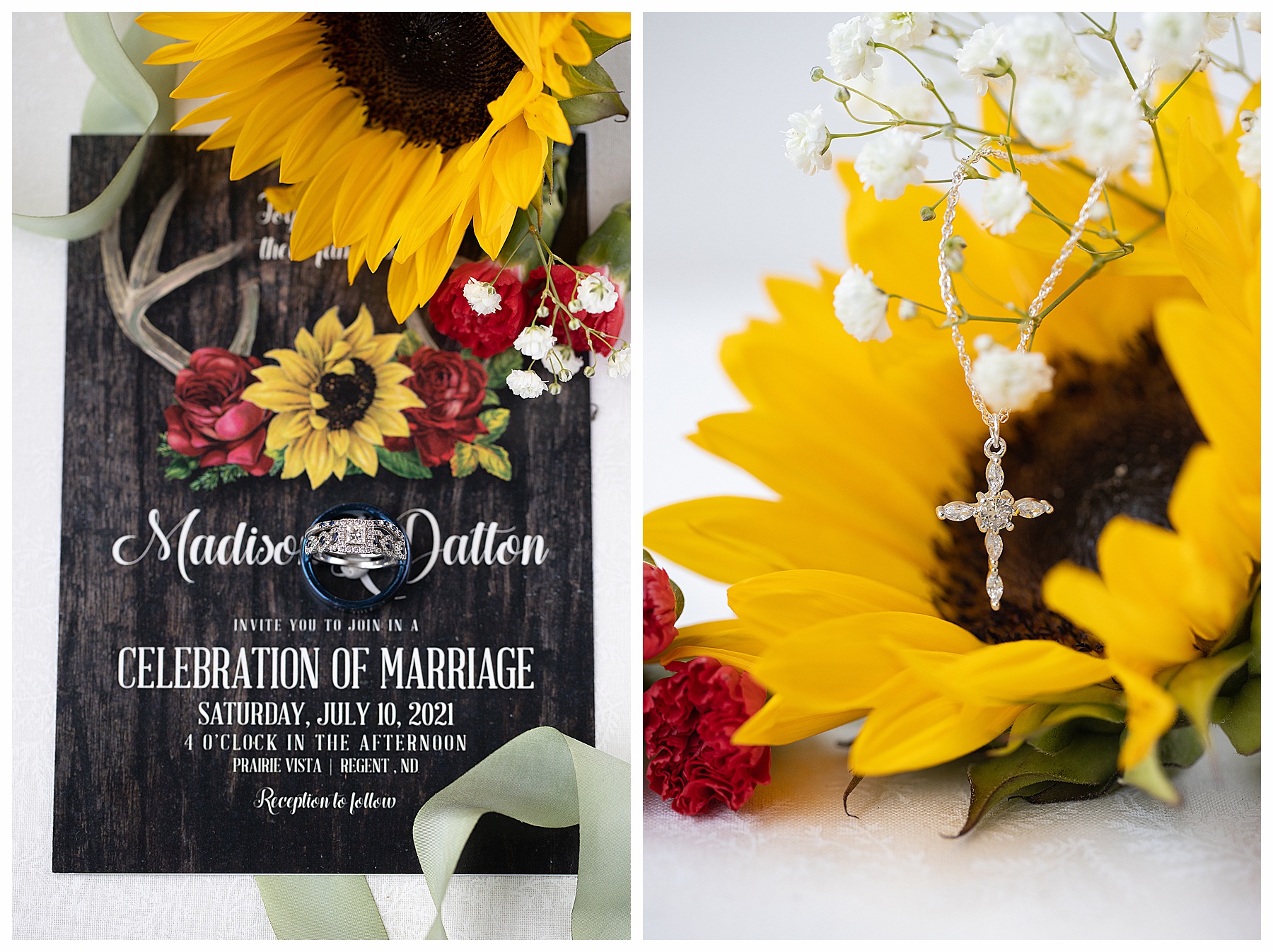 wedding invitation with sunflowers and red roses