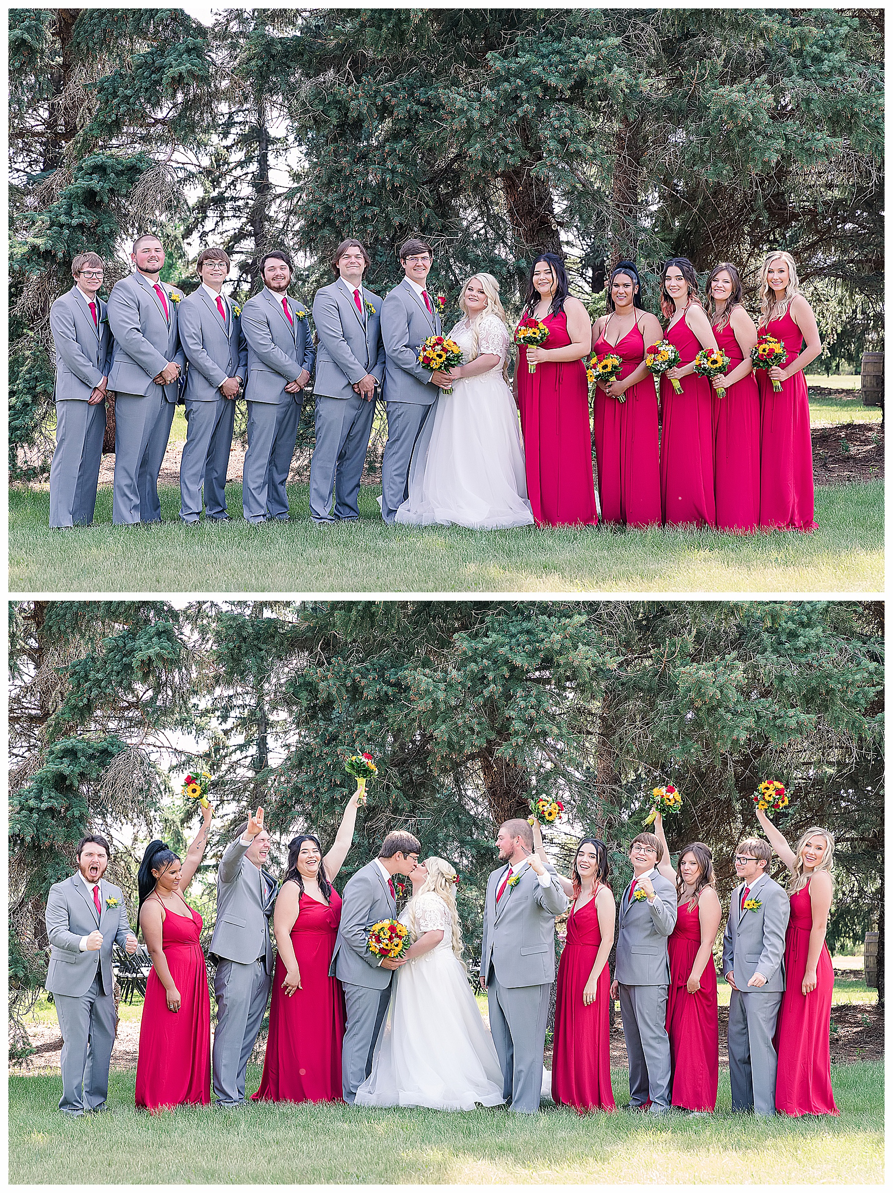 wedding party in red, grey and sunflowers