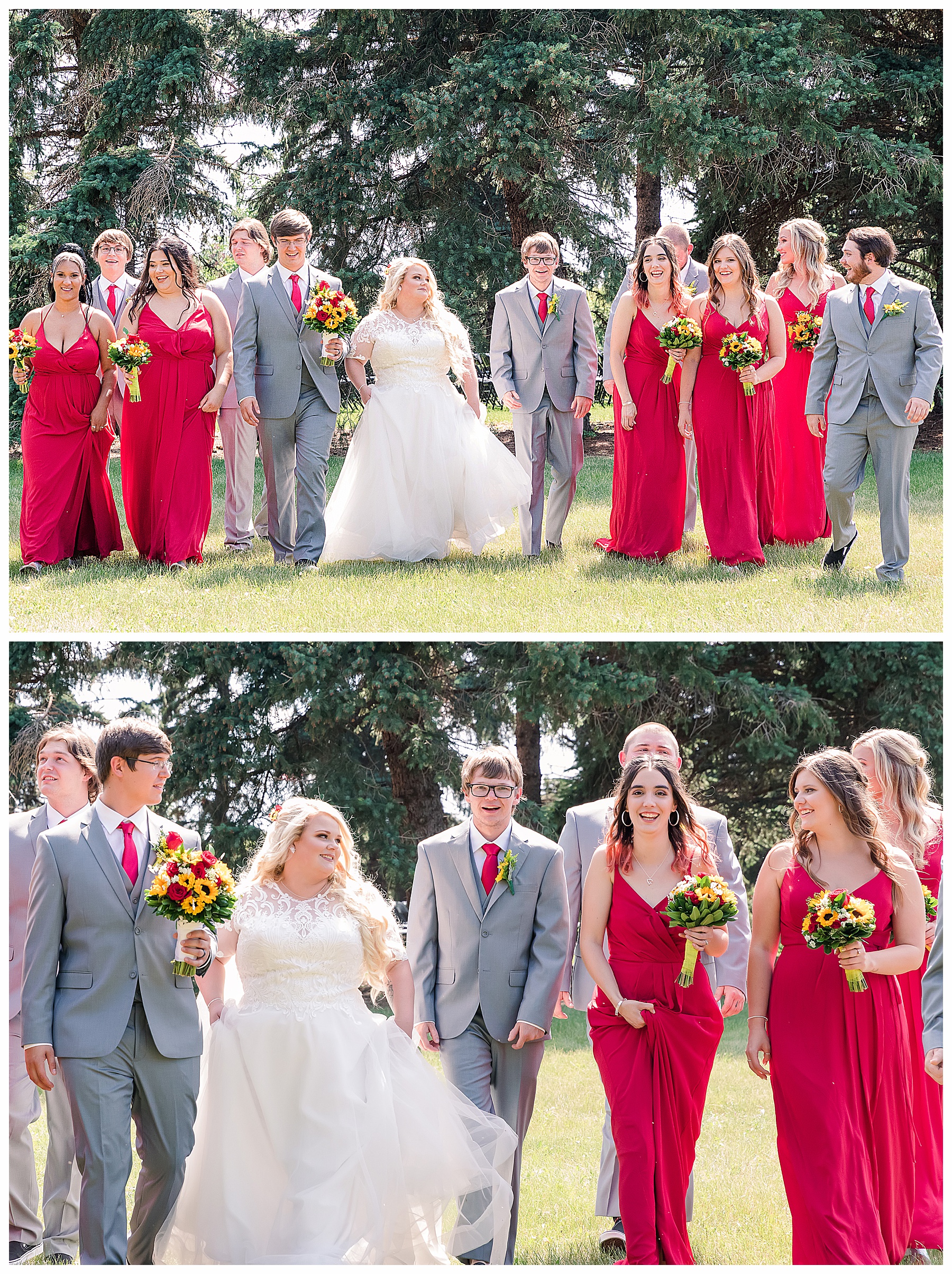 wedding party in red, grey and sunflowers