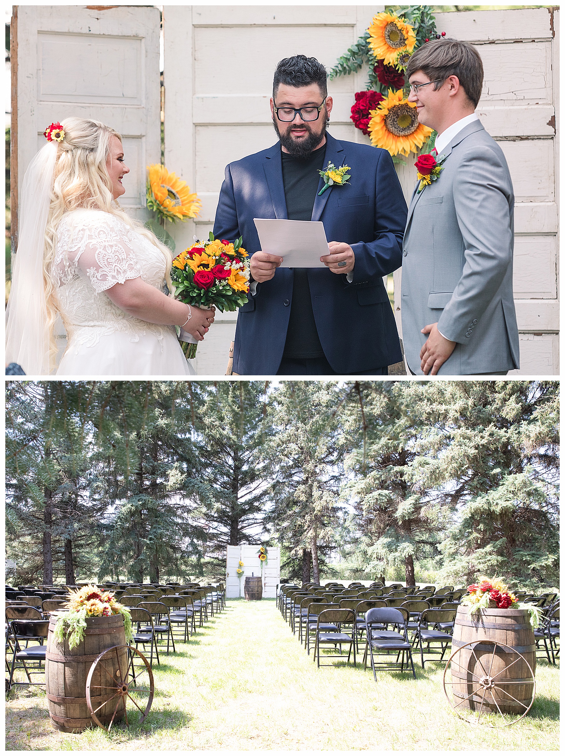 bride and groom with sunflowers at outdoor wedding