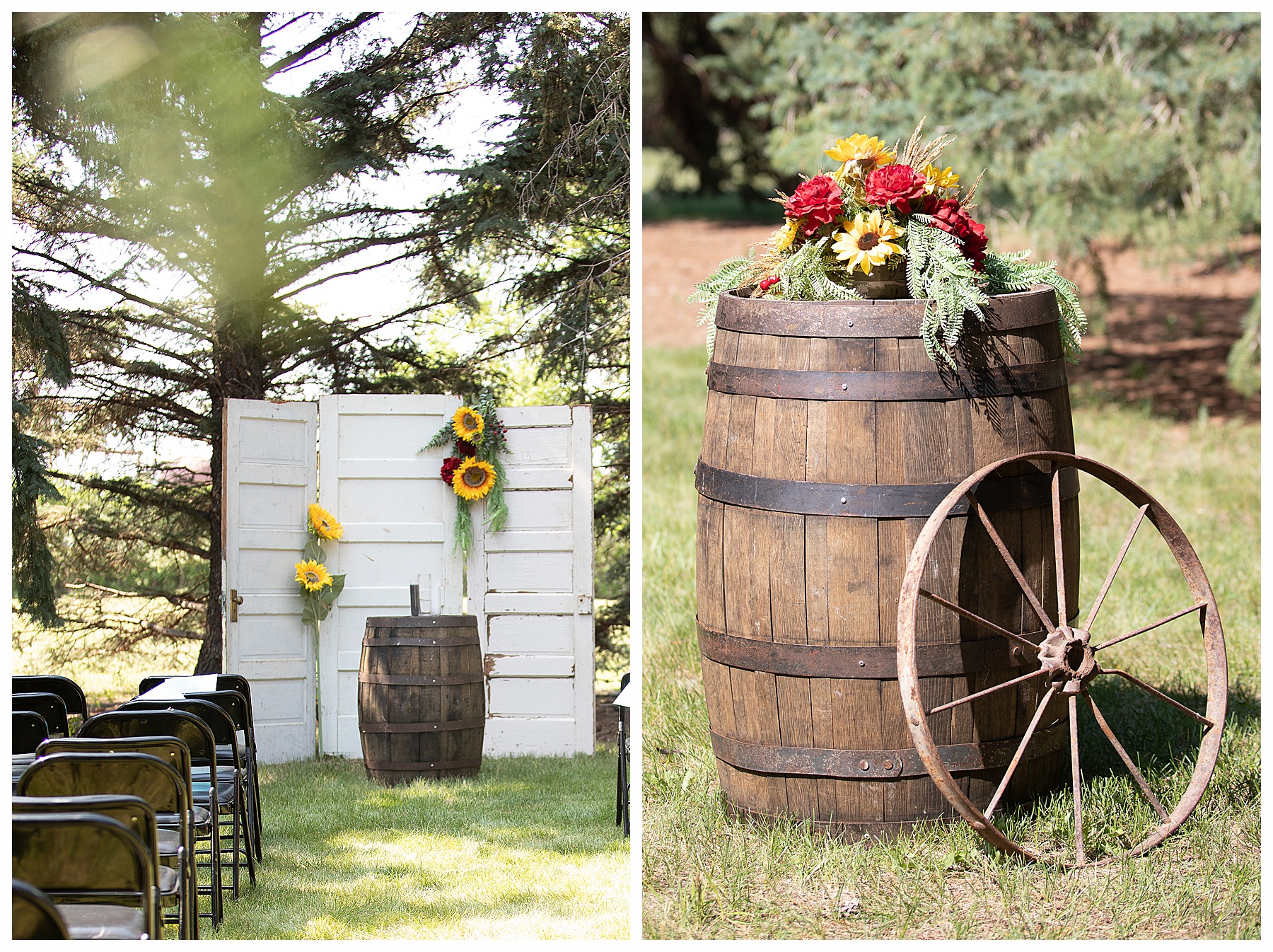 outdoor wedding decor sunflowers and red roses