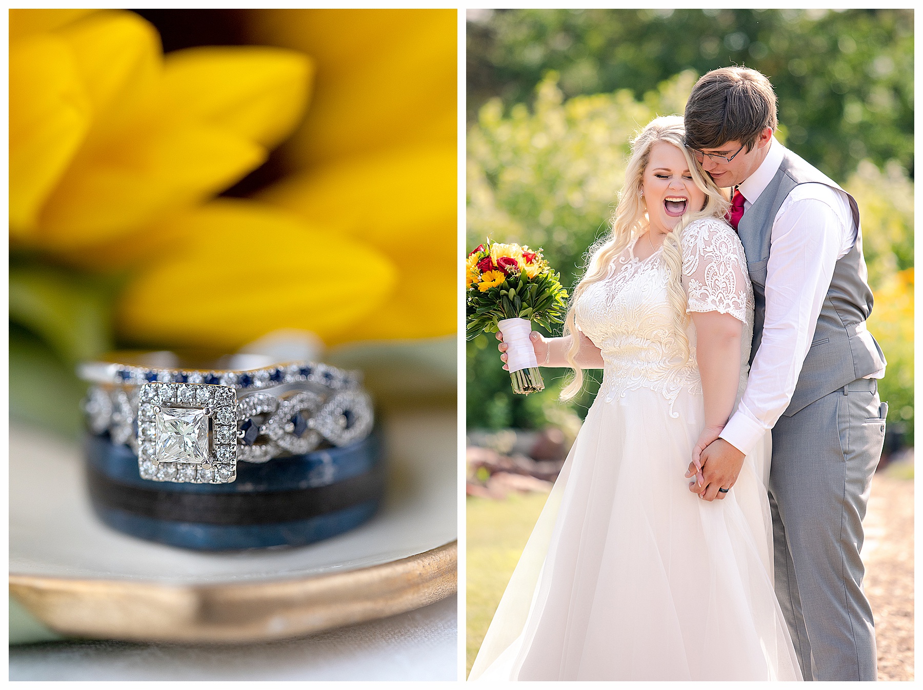 Bride laughs with groom during outdoor wedding pictures