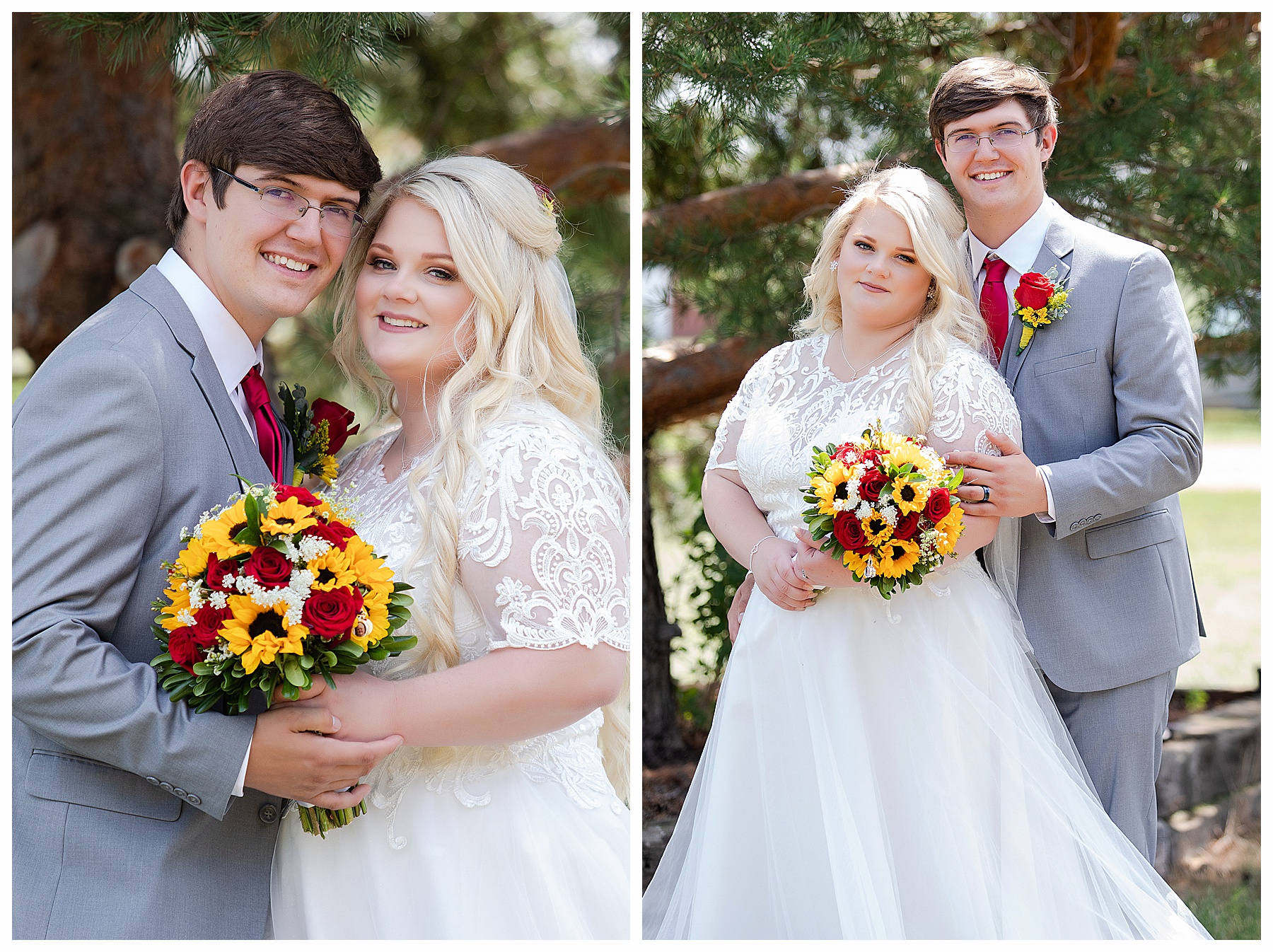 bride and groom under evergreen trees