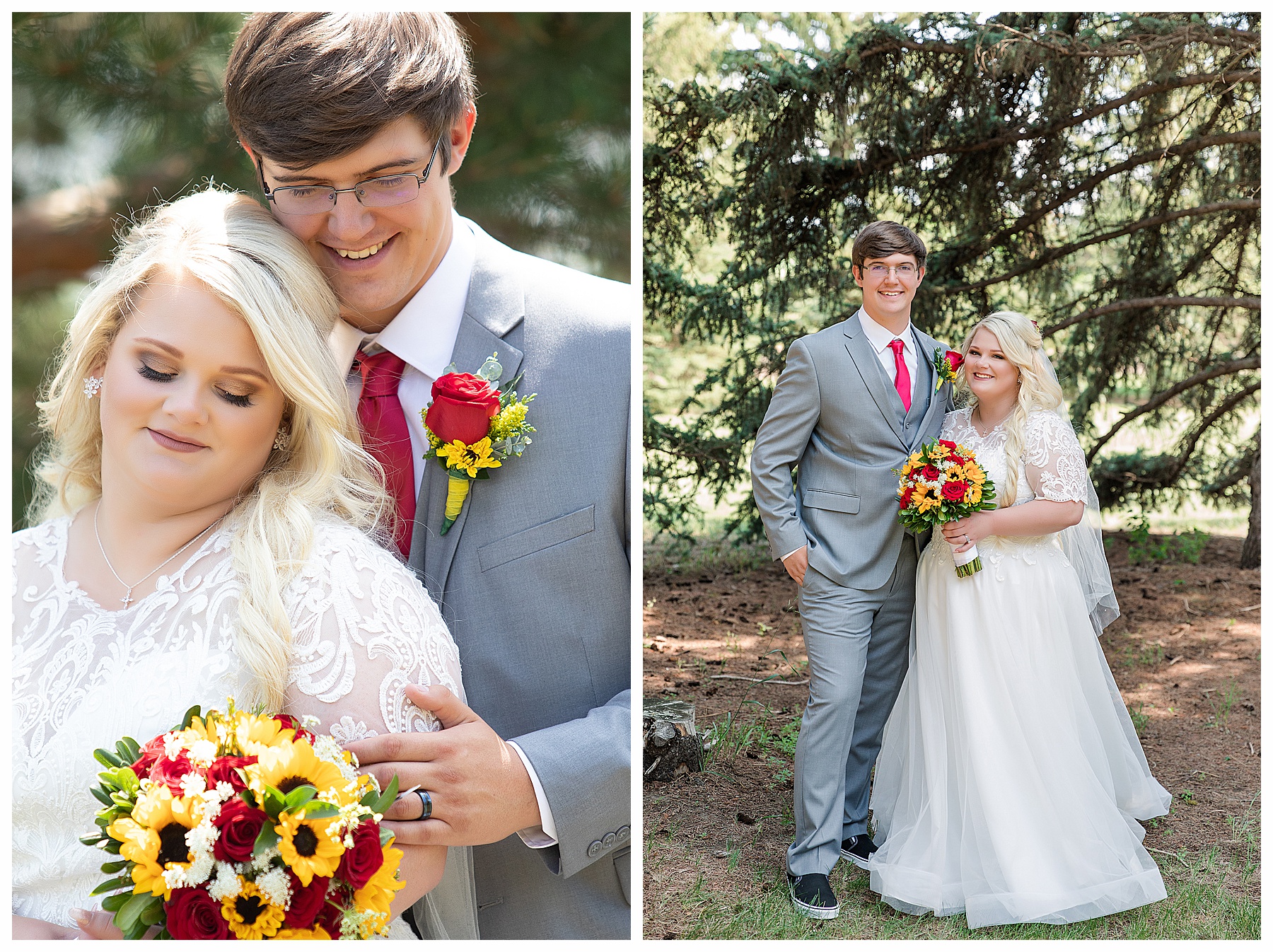 Bride and groom with evergreen trees in background