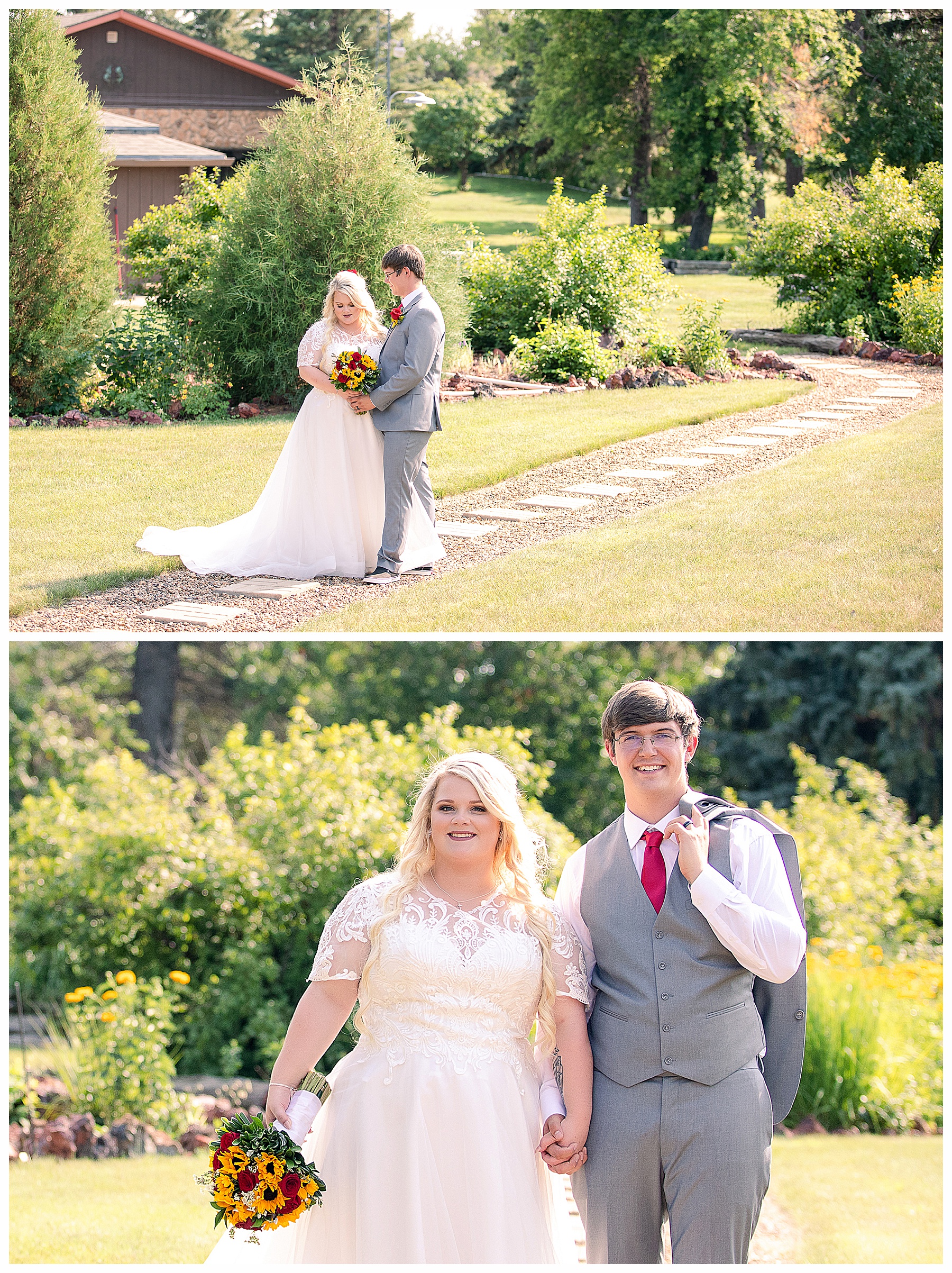 Bride and Groom on curving path at North Dakota outdoor wedding