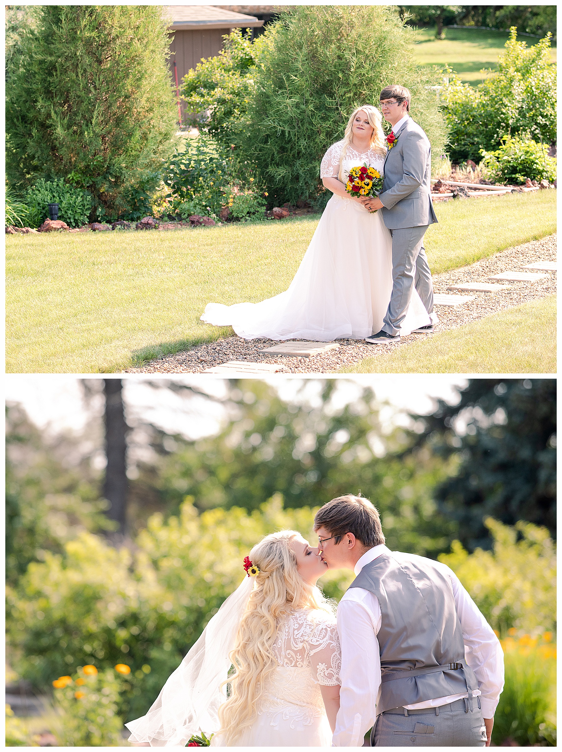 Bride with long blond hair and sunflower bouquet and groom kiss 