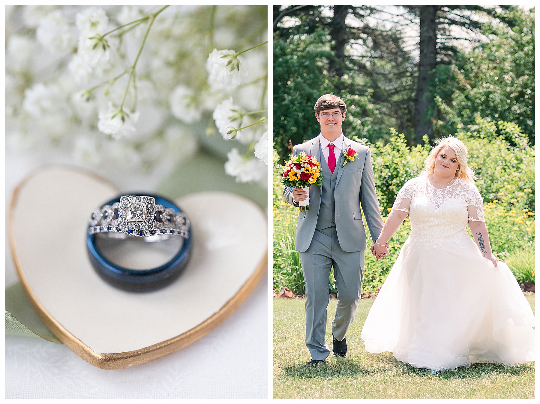 bride and groom walk together.  Dickinson outdoor wedding