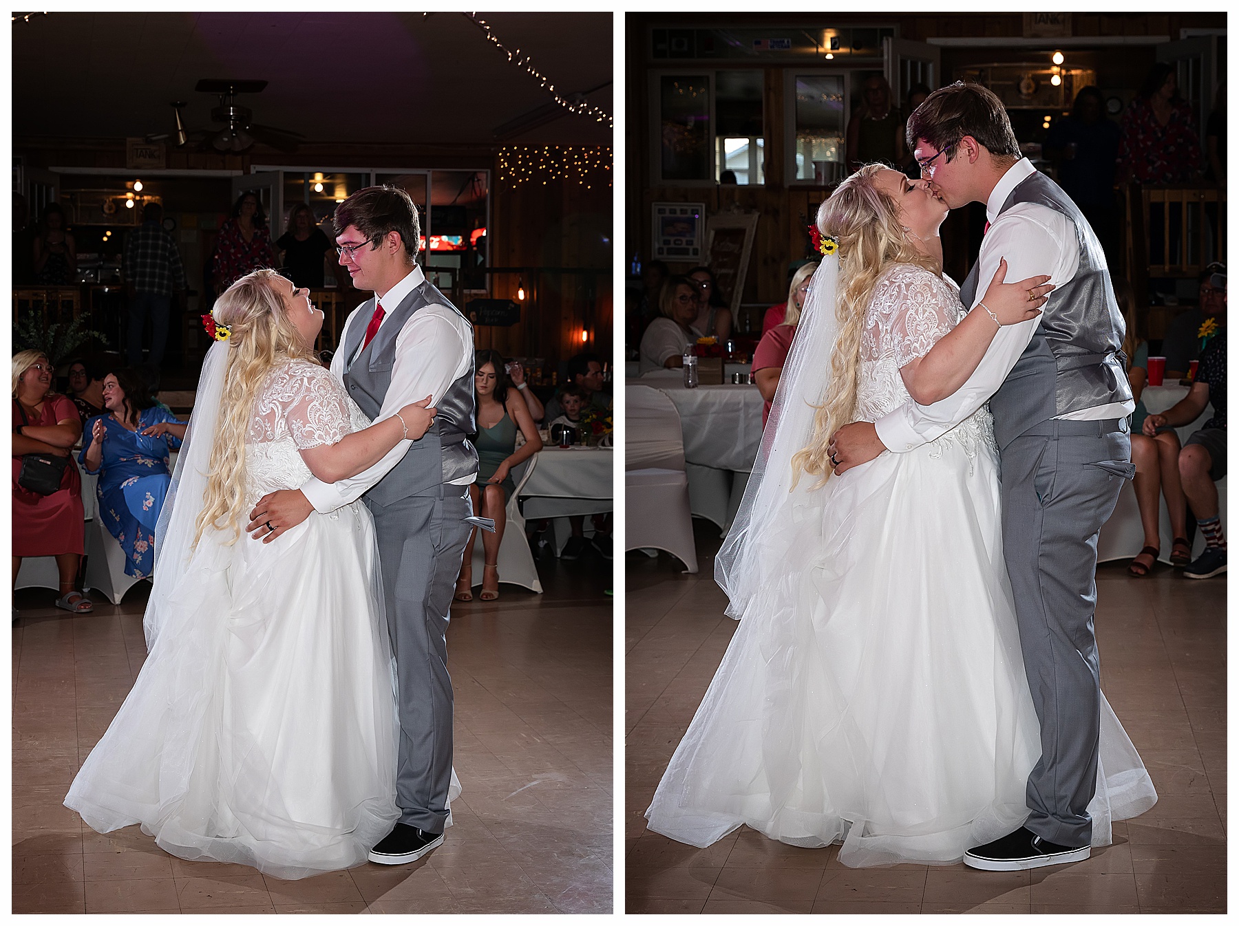 Bride and groom kiss during first dance