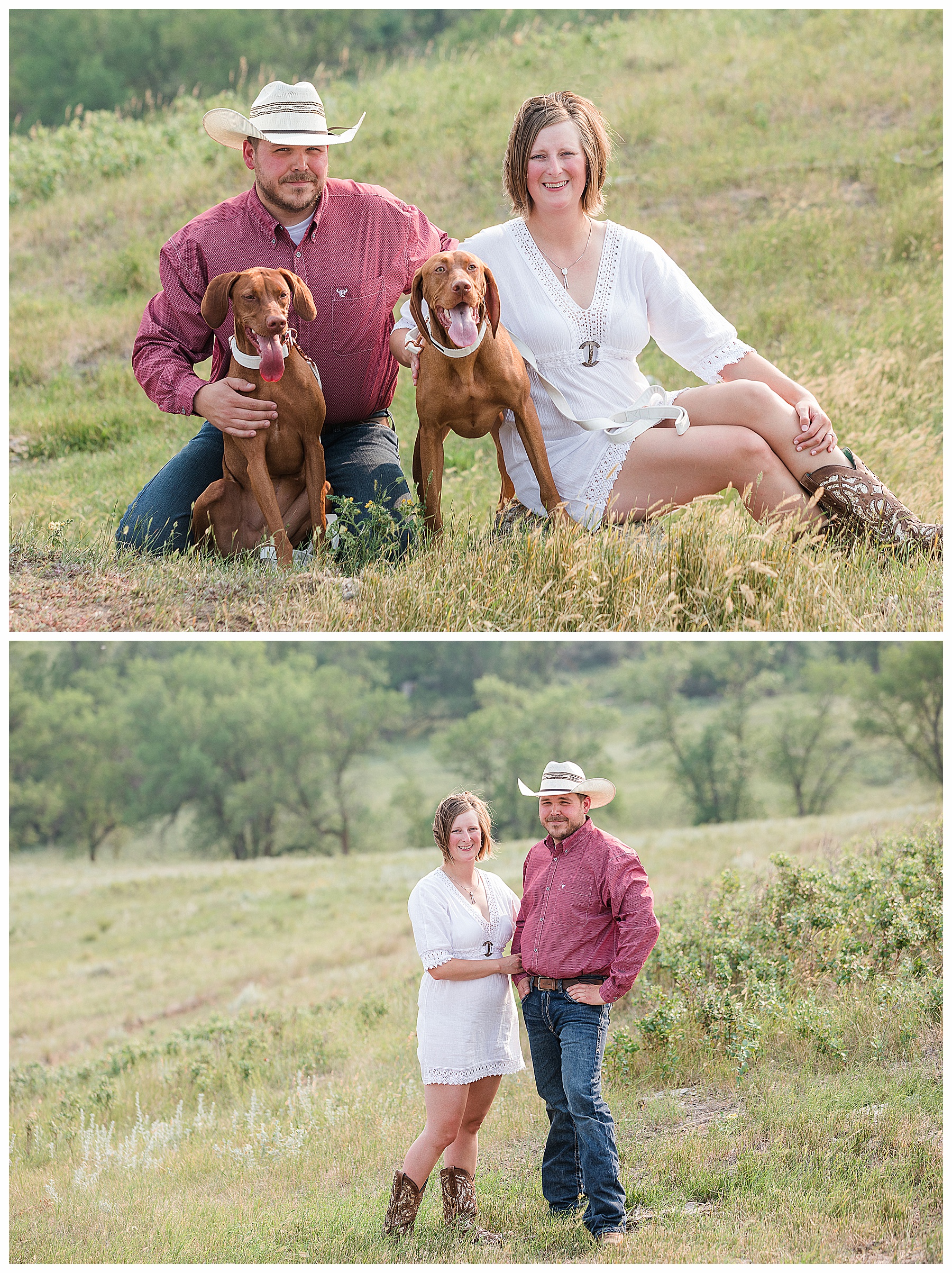 Engaged couple sit with their dogs