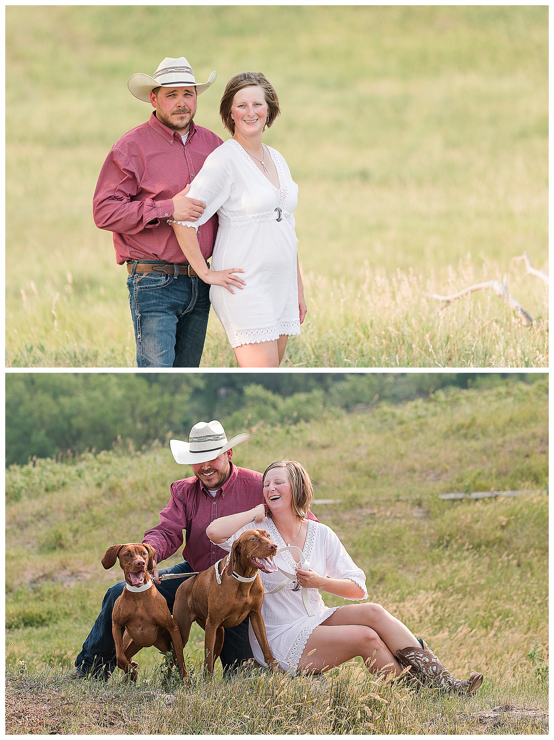 Engagement couple play with their dogs