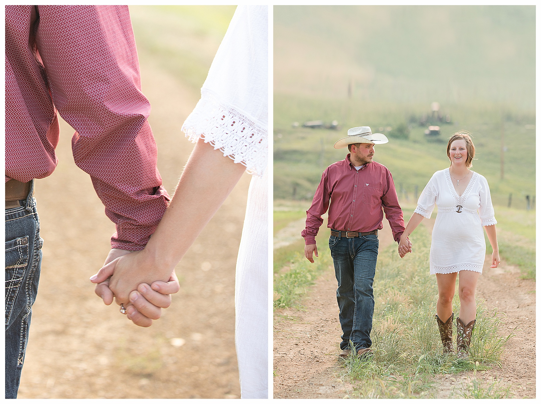 Engaged couple hold hands and walk out in the country