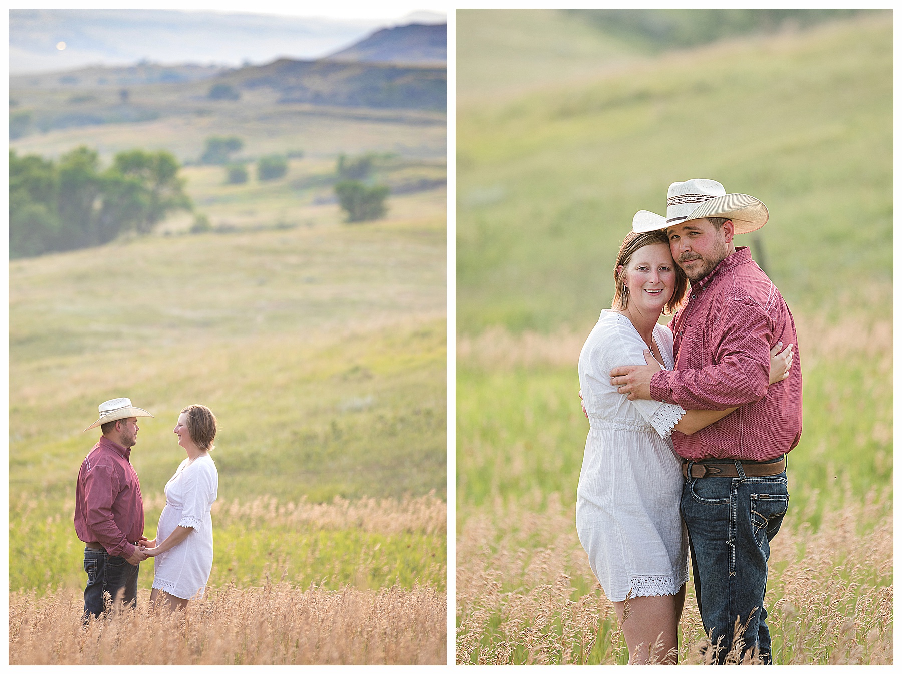 Engaged couple with scenic country side in the background