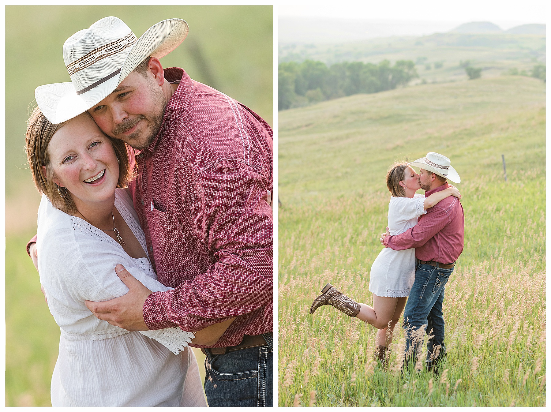 Engagemed couple kiss in a field