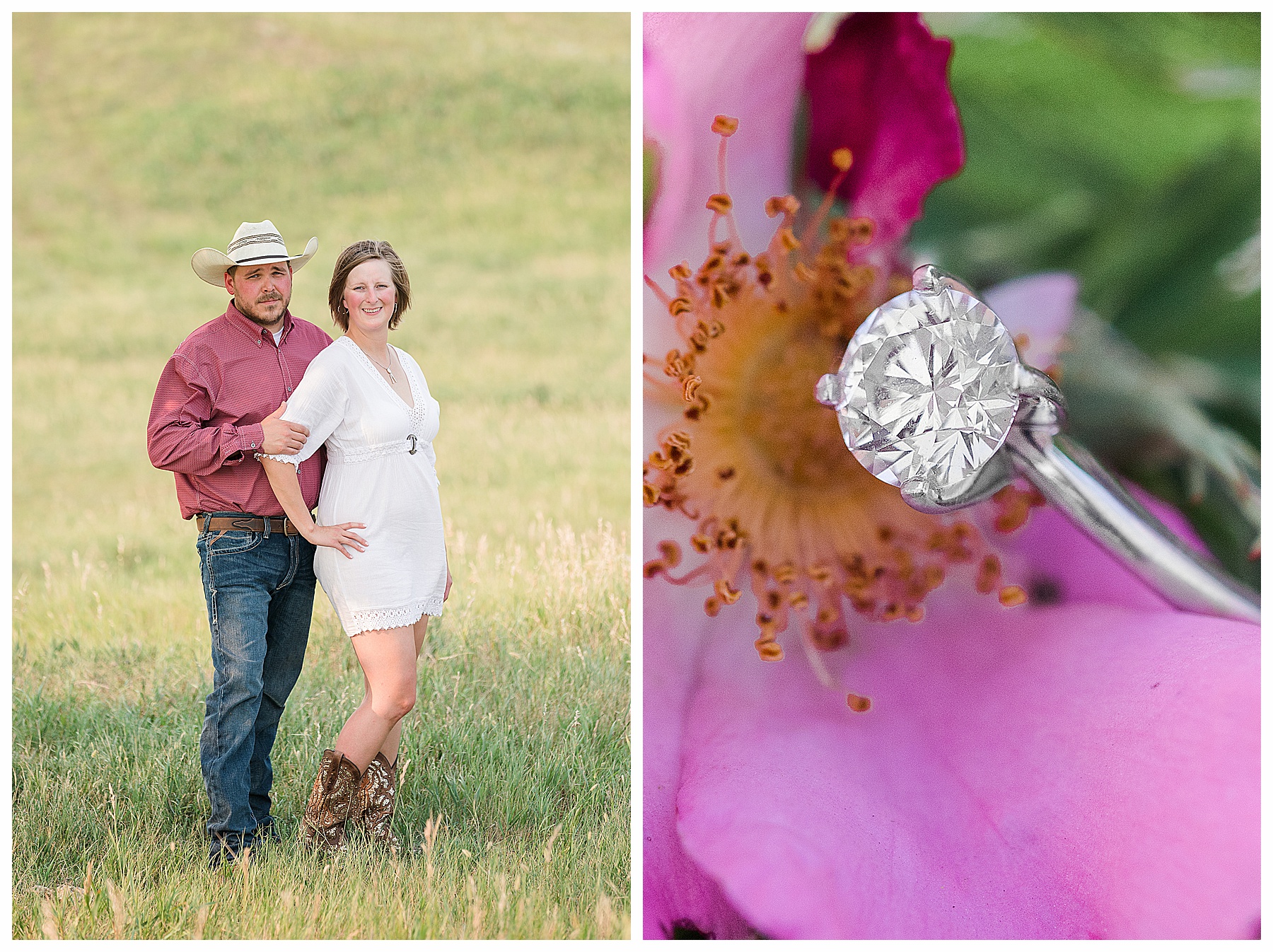 Engagement pictures in the rural countryside.  Engagement ring with wild prairie rose
