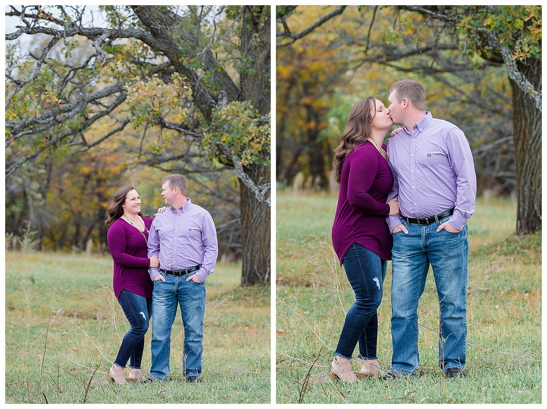 Engaged couple kiss under fall leaves