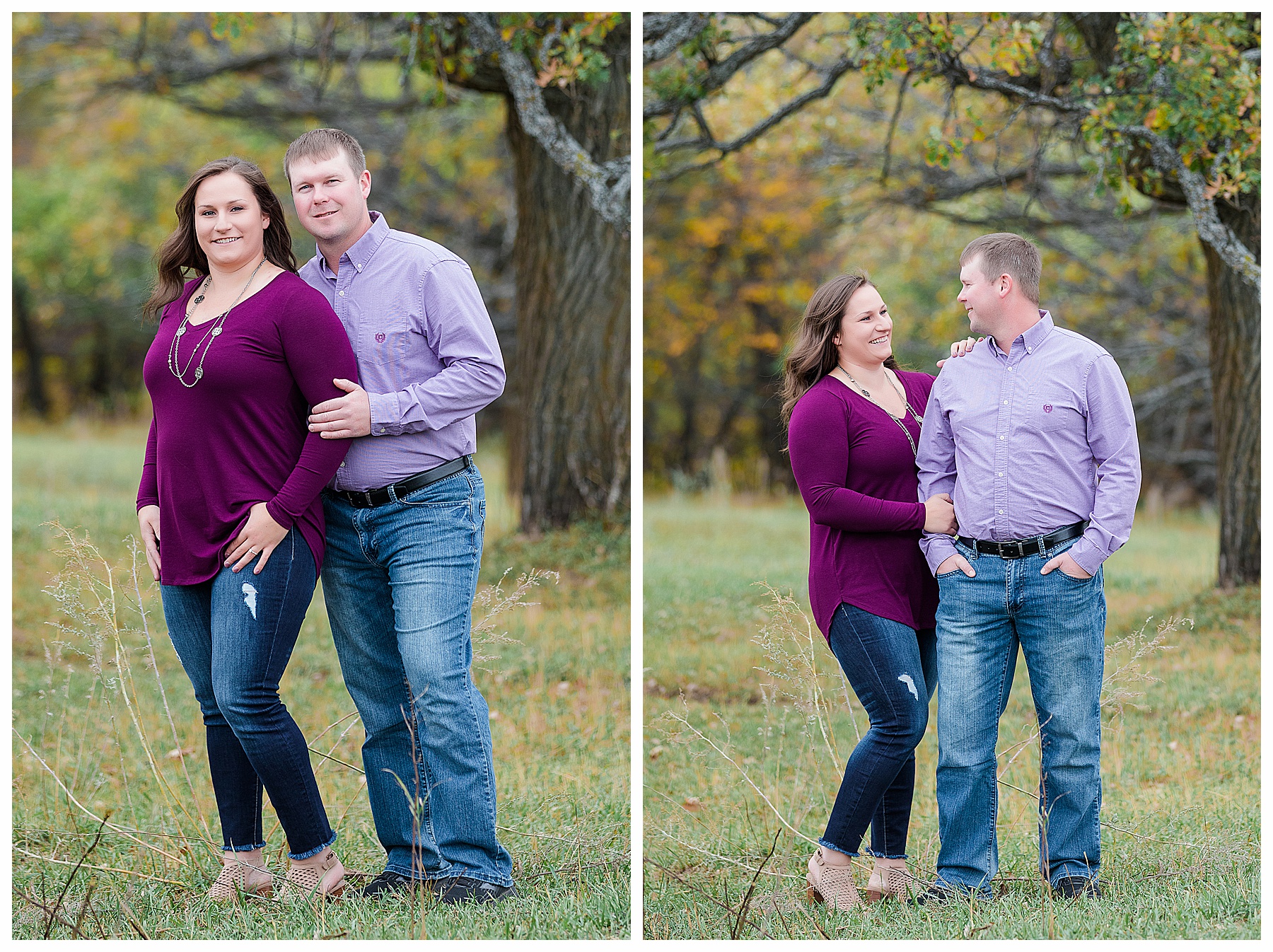 Engaged couple together under North Dakota fall trees