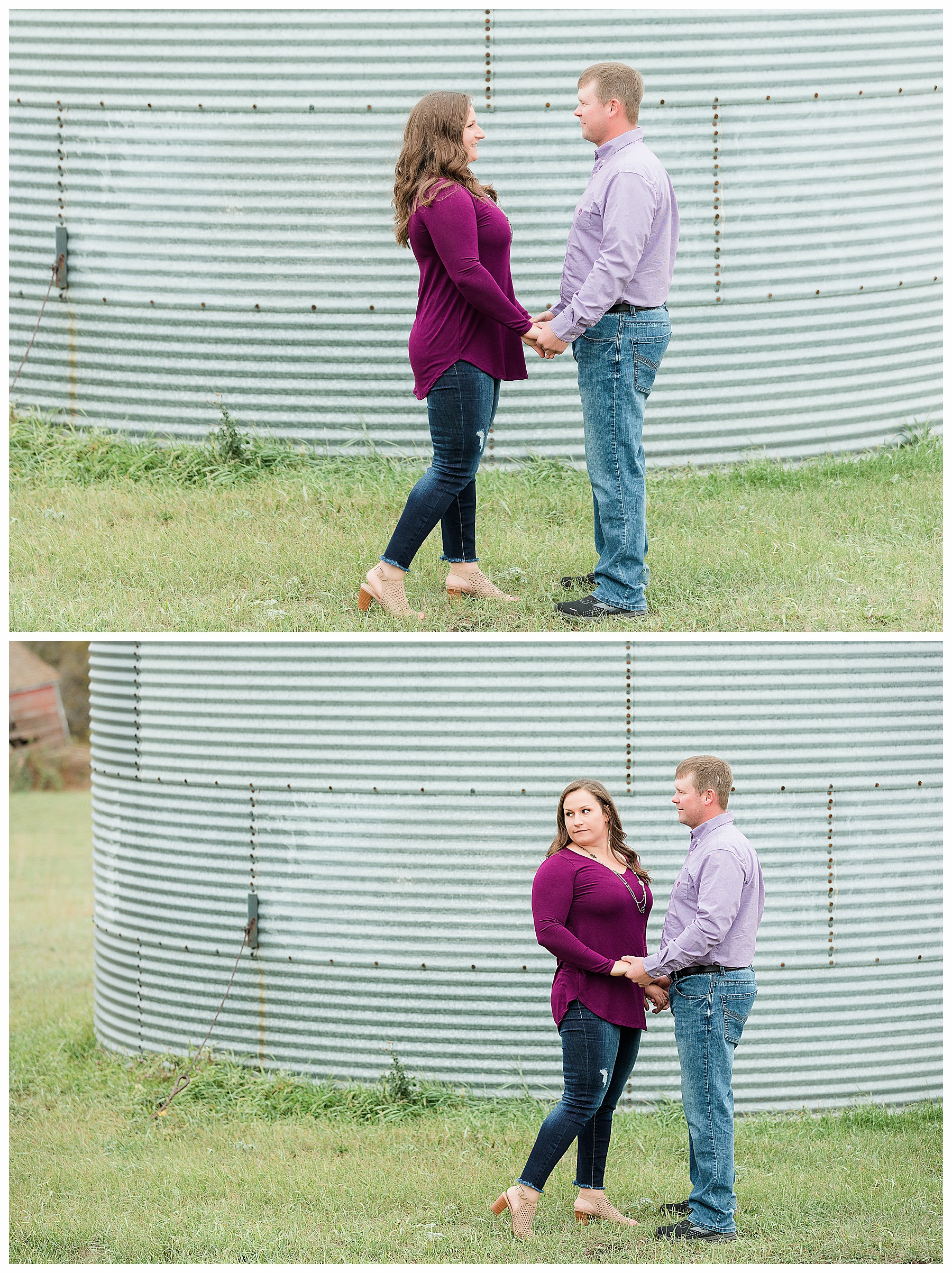 Engaged couple by grain bin