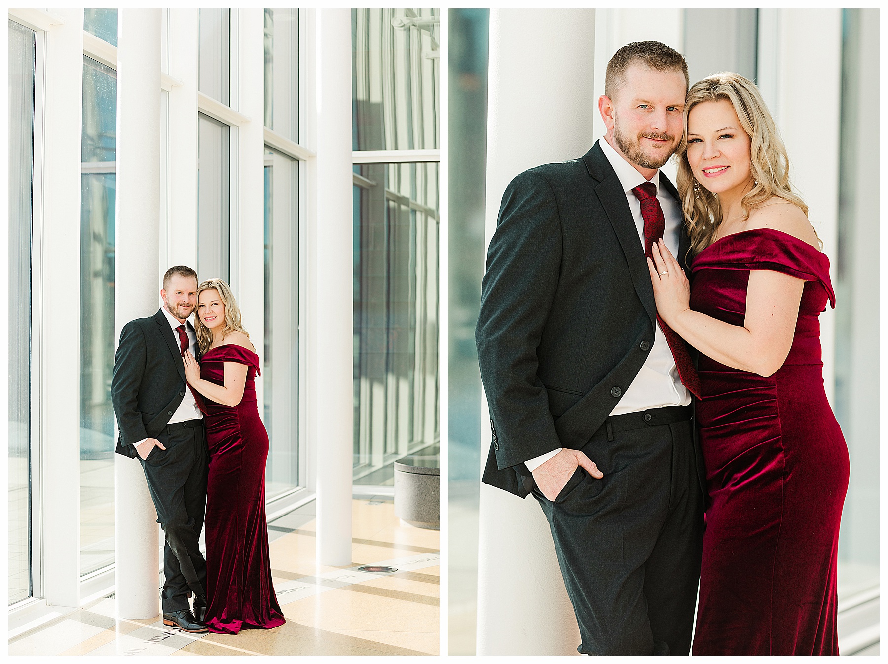 couple wears formalwear for engagement pictures at Bismarck Heritage Center