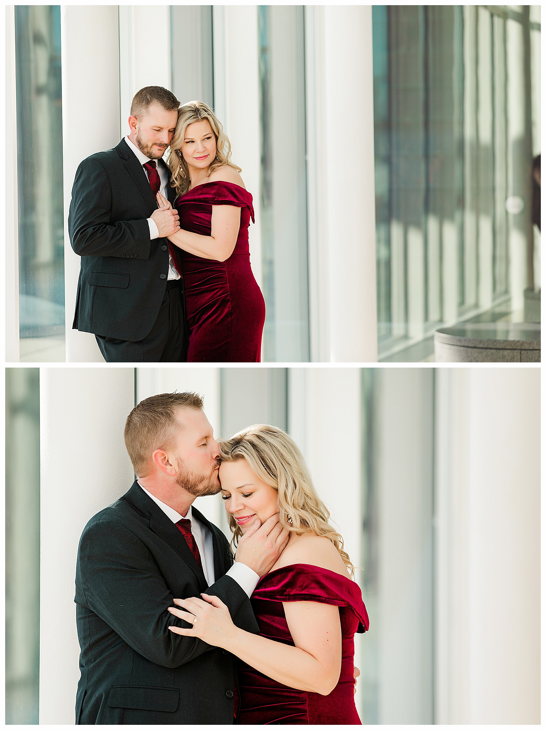 couple wears Burgundy gown and suit at Bismarck Heritage Center 