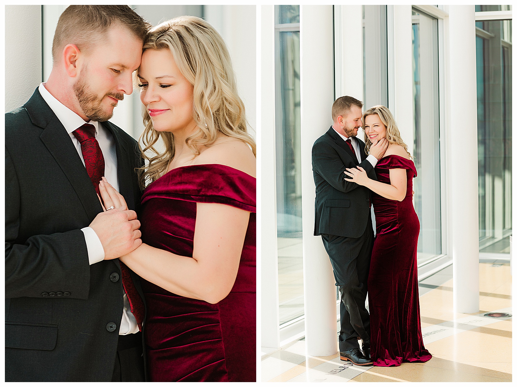 couple wears Burgundy gown and suit at Bismarck Heritage Center .  Winter Engagement pictures in Bismarck