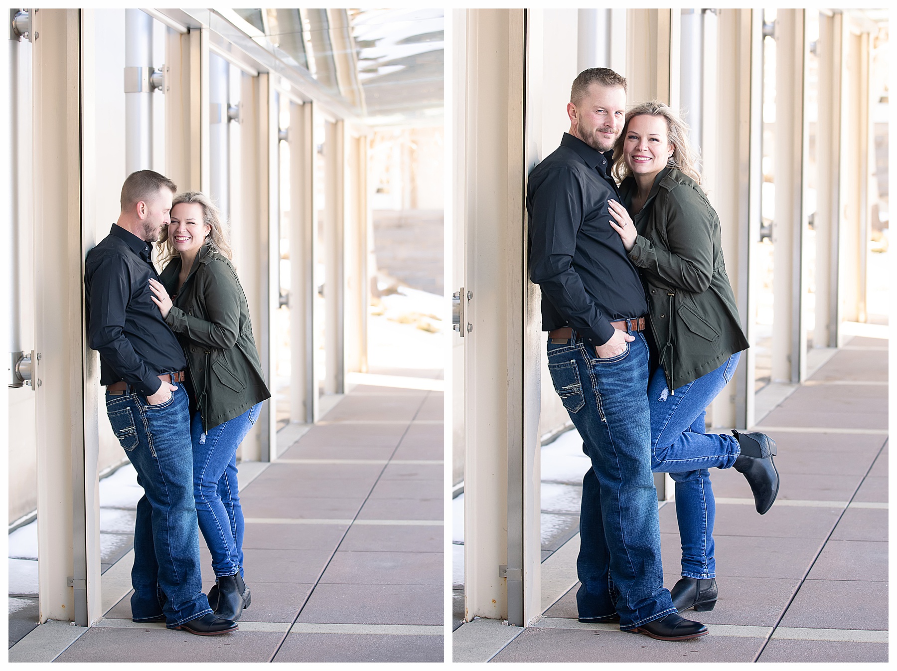 Winter engagement pictures in Bismarck on capitol grounds