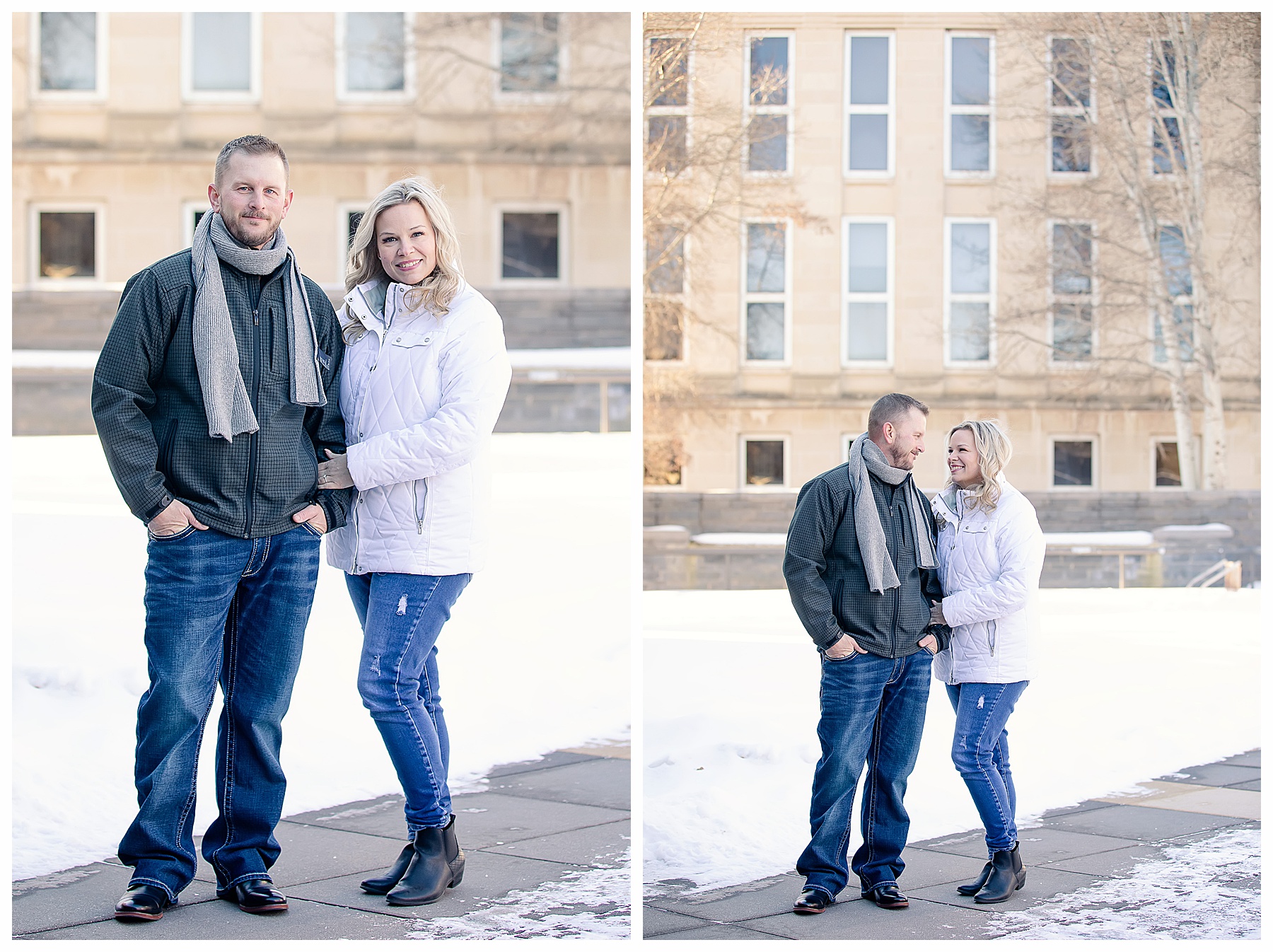 Winter engagement pictures in Bismarck on capitol grounds