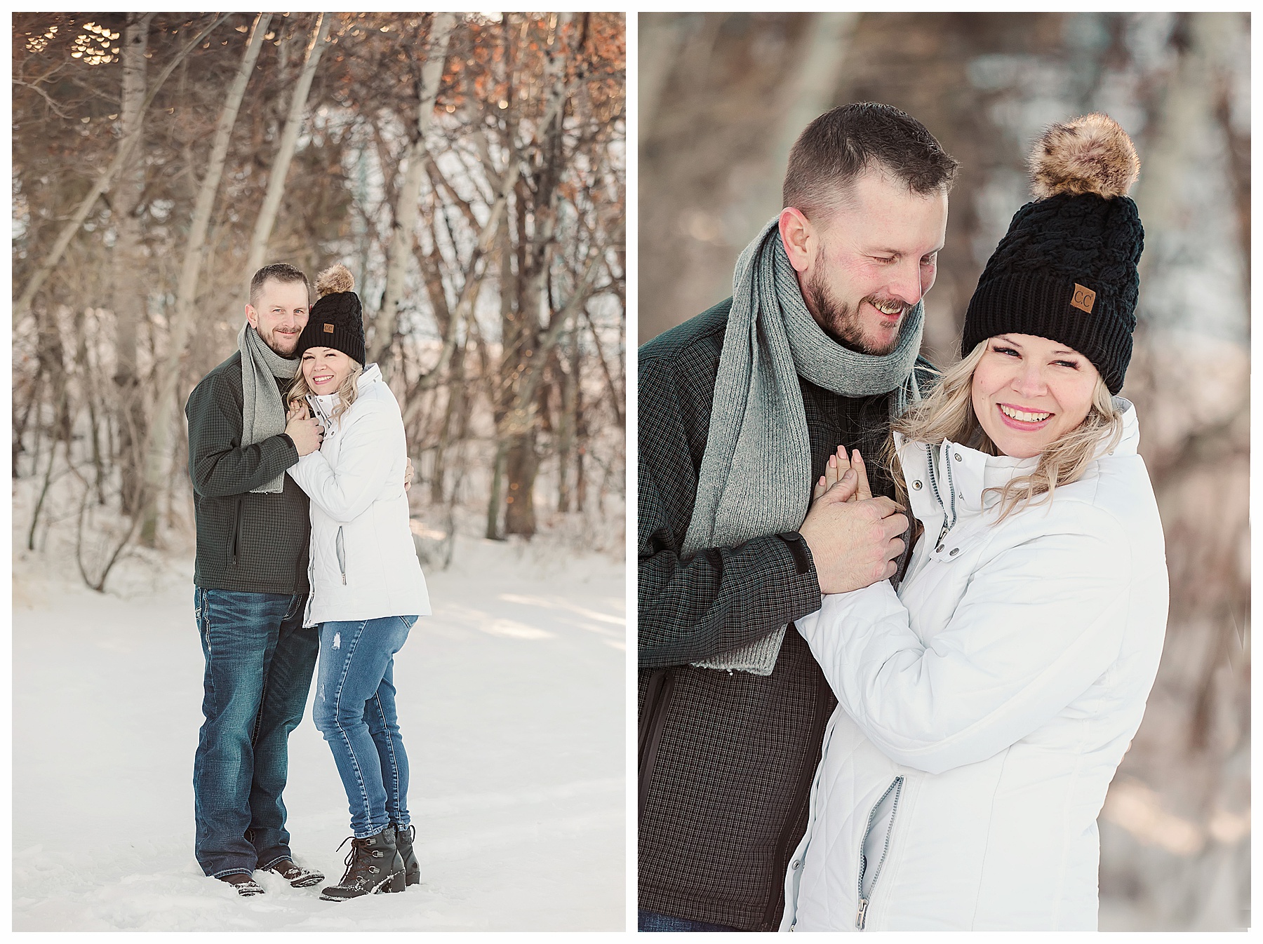 winter engagement pictures in Bismarck at Sleepy Hollow.  Bride to be wearing white jacket and hat