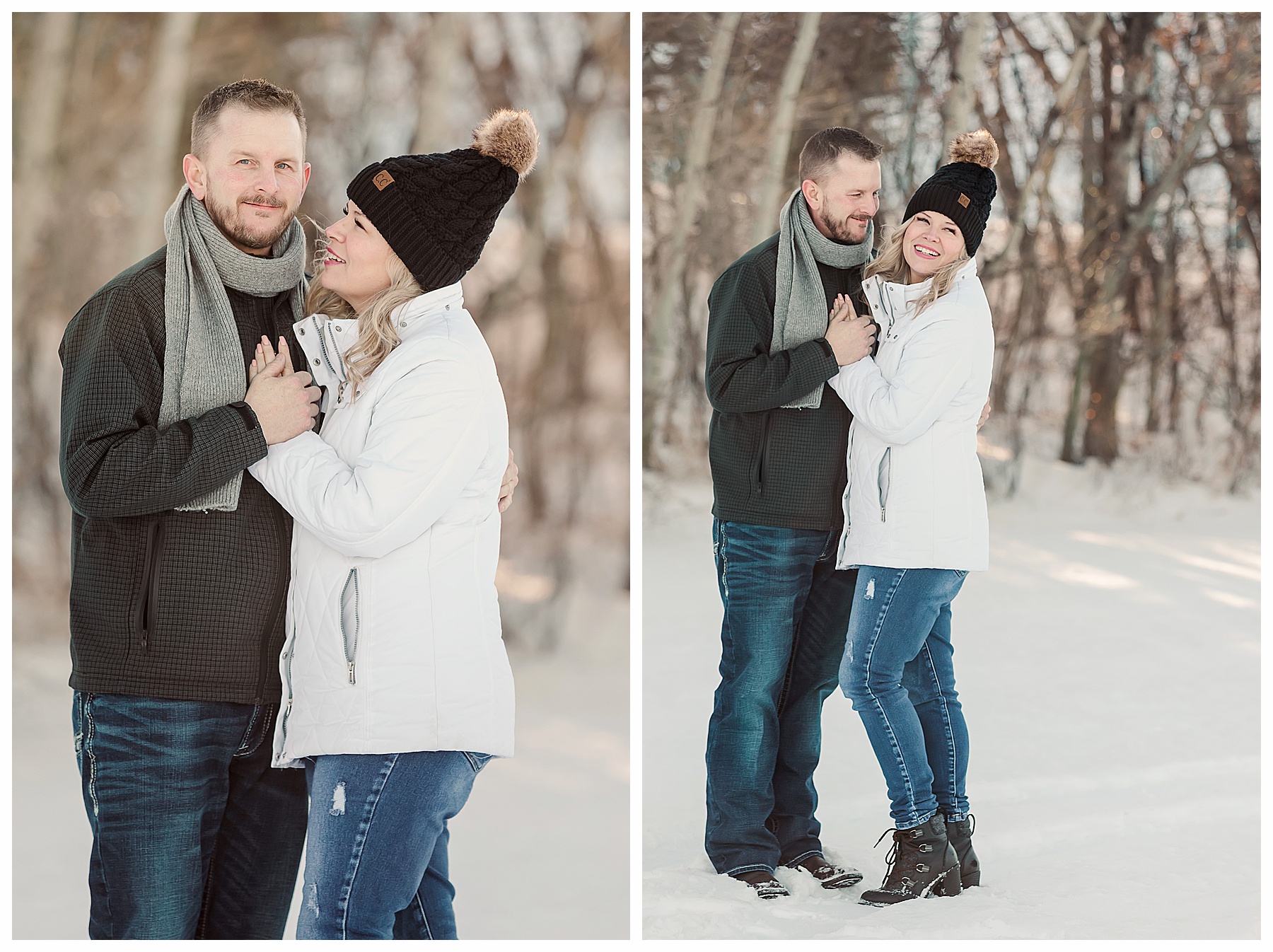 winter engagement pictures in Bismarck at Sleepy Hollow.  Bride to be wearing white jacket and hat