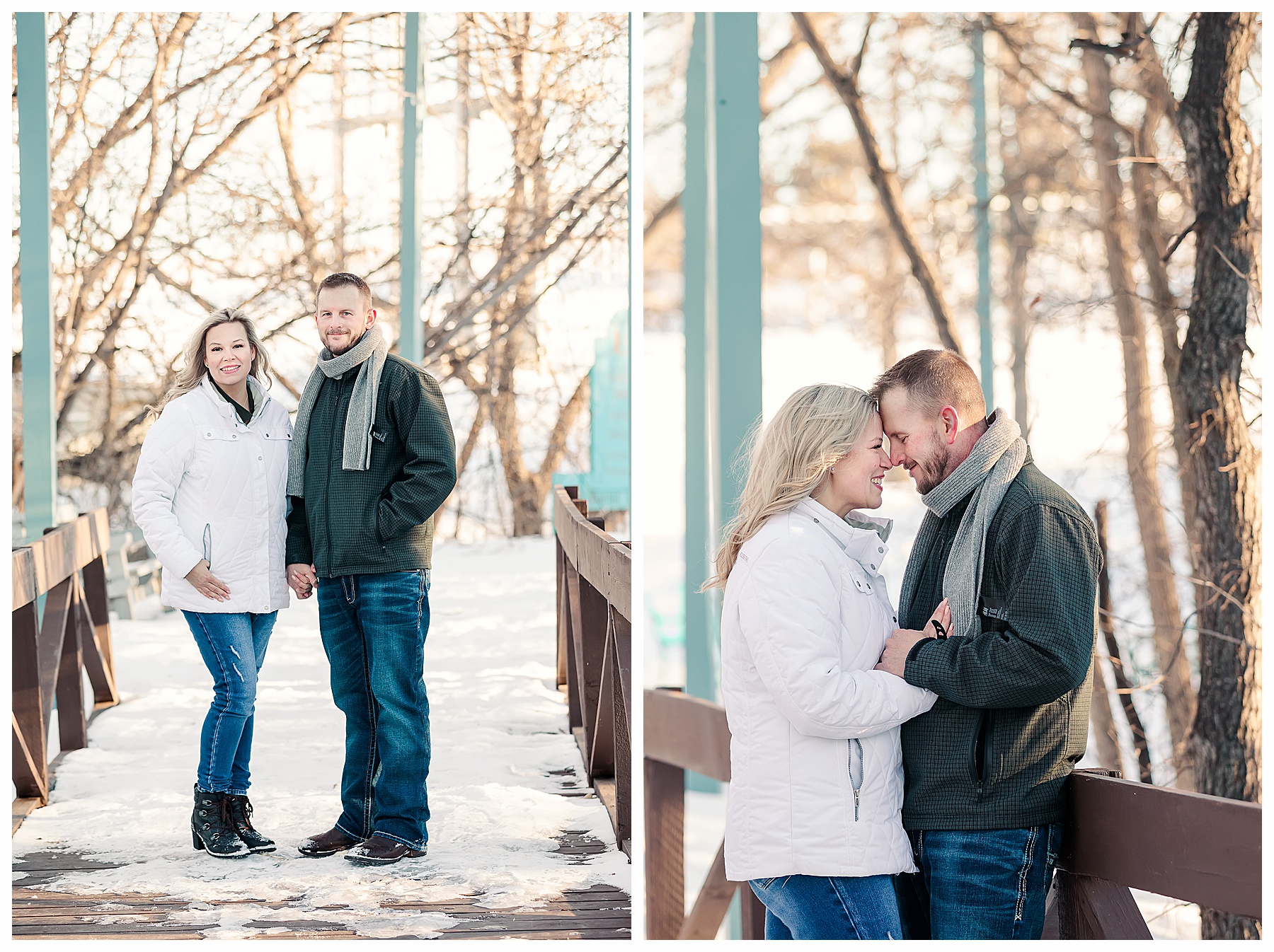 winter engagement pictures in Bismarck at Sleepy Hollow.  Bride to be wearing white jacket and hat