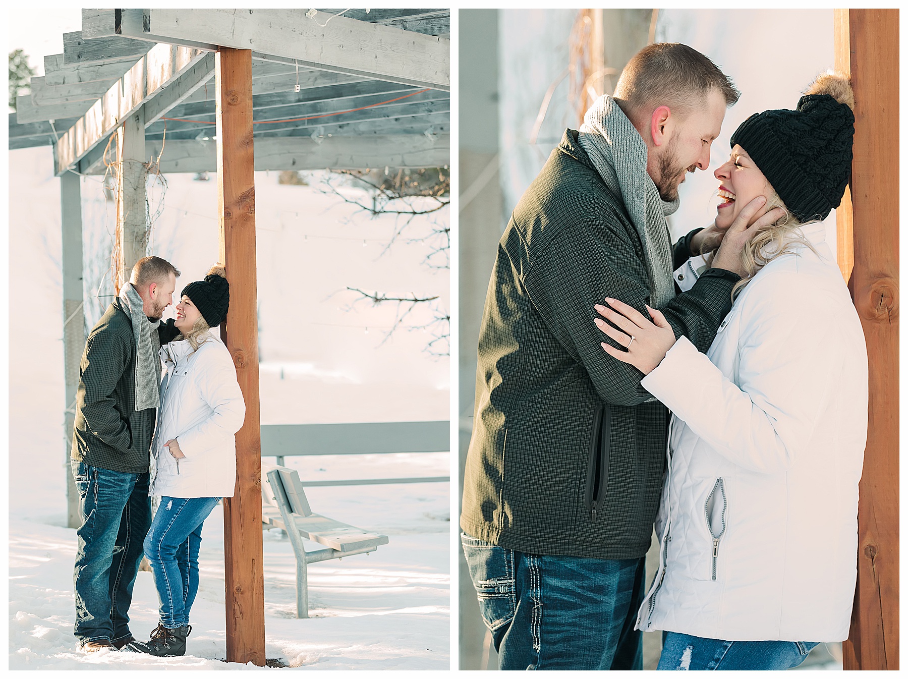 winter engagement pictures in Bismarck at Sleepy Hollow.  Bride to be wearing white jacket and hat