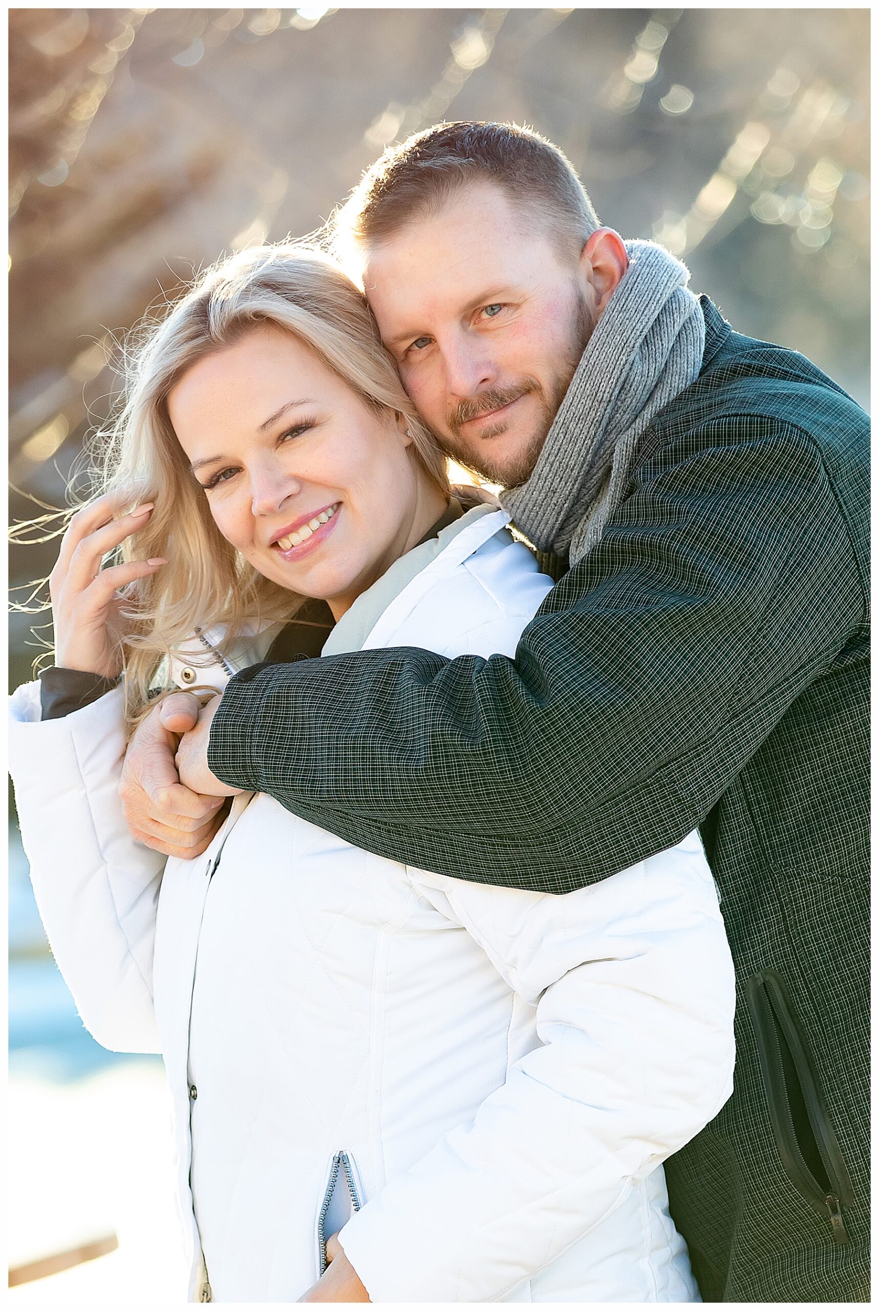 Winter egngament pictures wearing white jacket