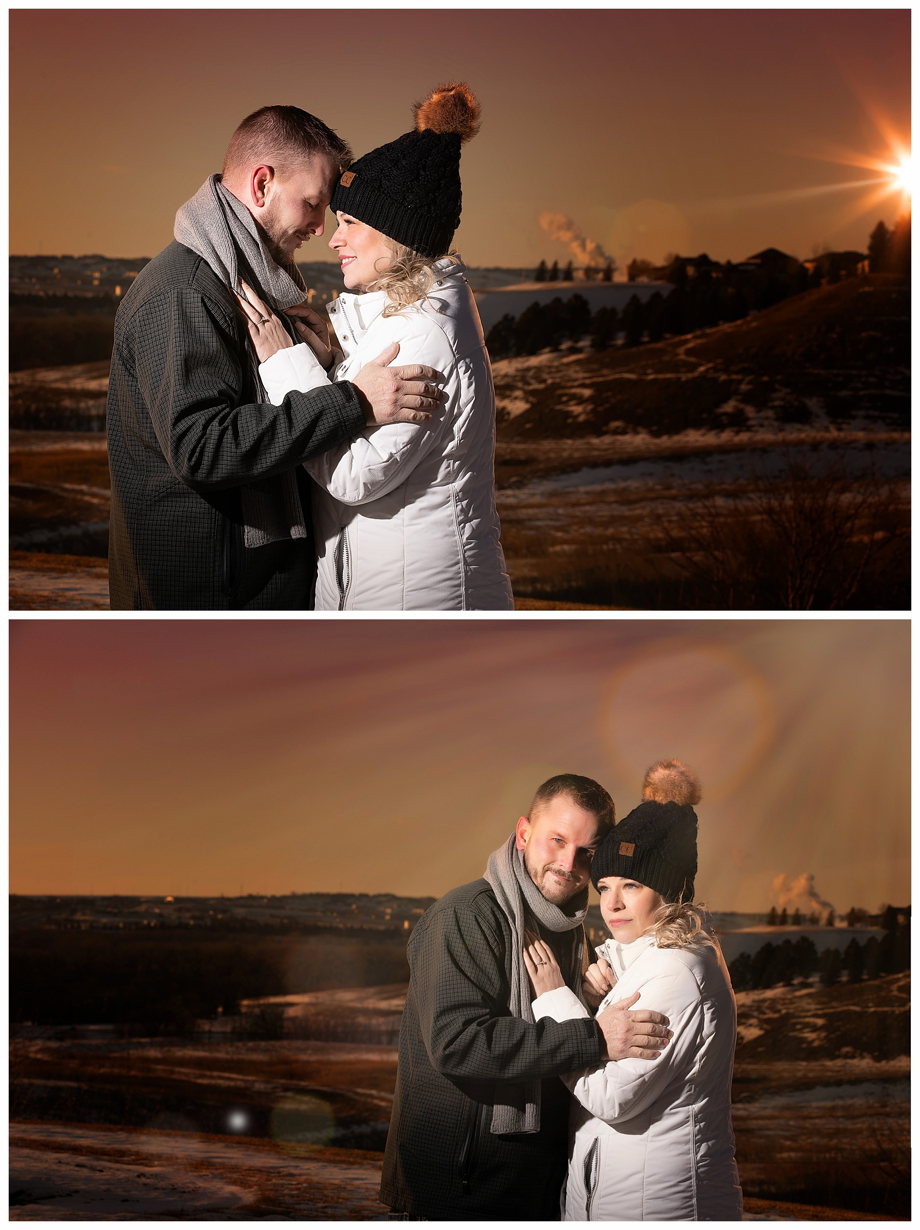 Sunset winter engagement pictures in Bismarck