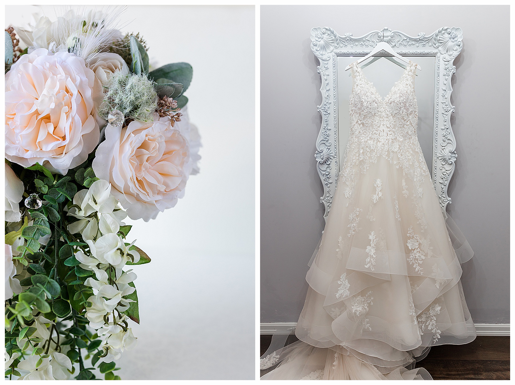 Wedding gown hanging in front of mirror.  Summer wedding at the lake