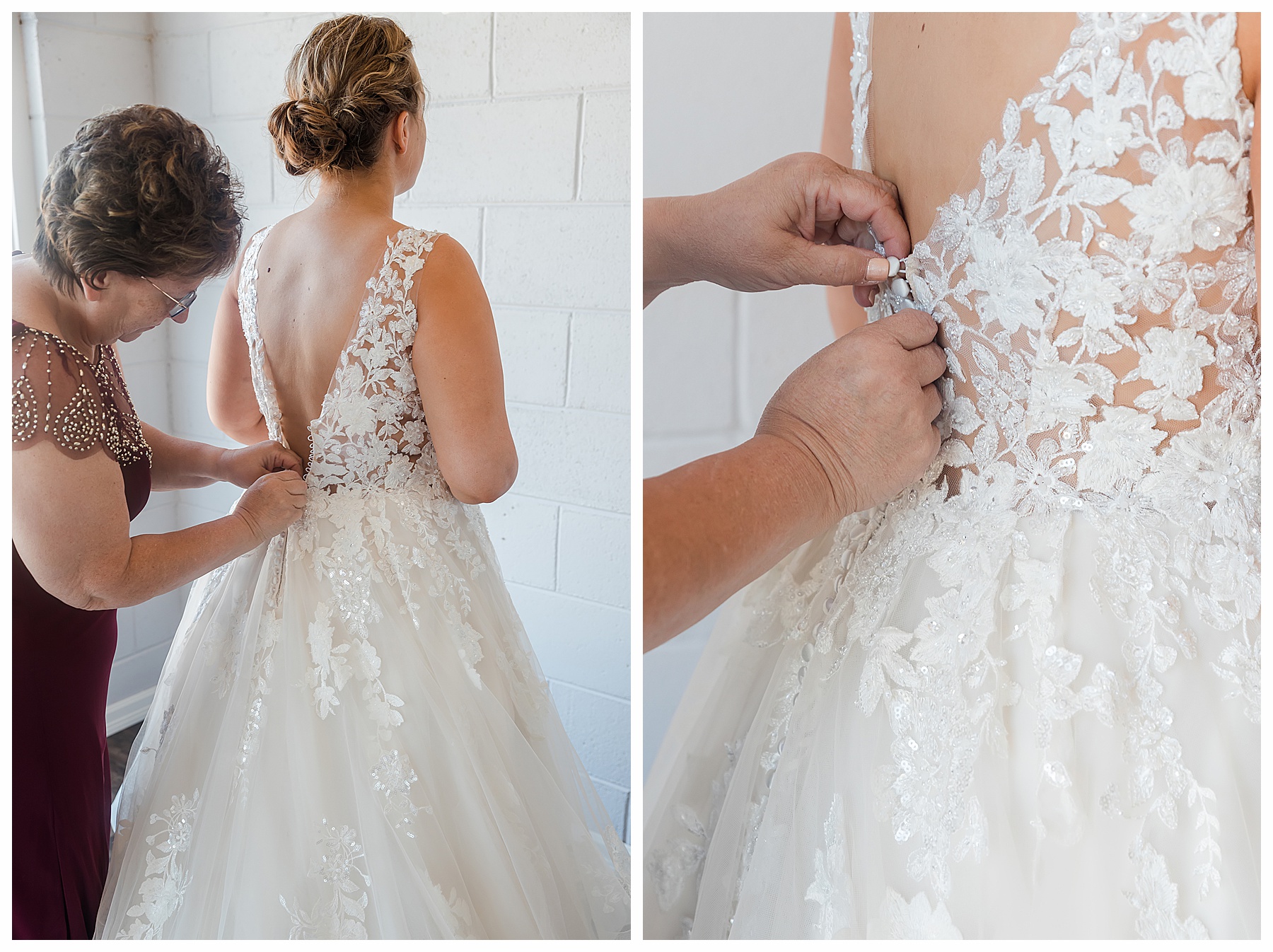 mother buttoning up bride's gown