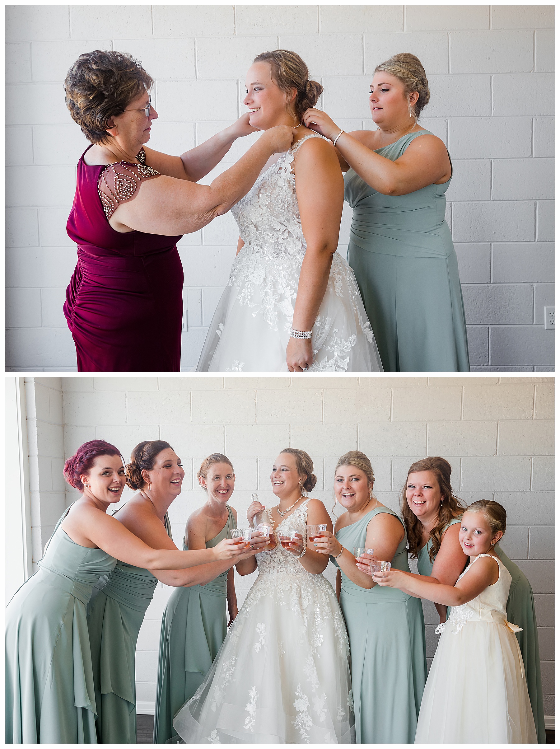 bride and bridesmaids with champagne