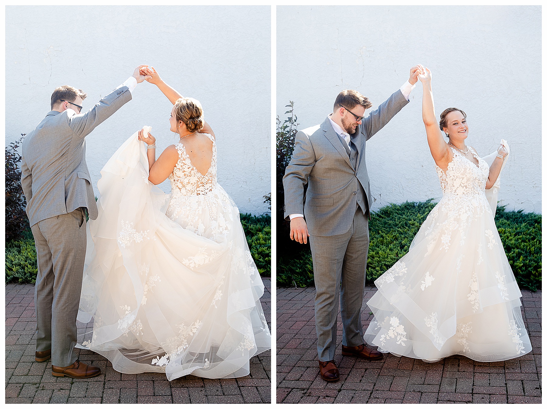 Groom twirls bride during first look