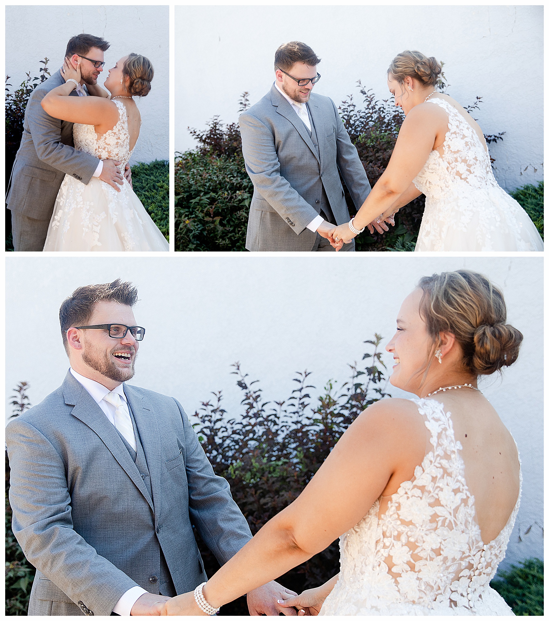 groom wearing glasses has first look with bride
