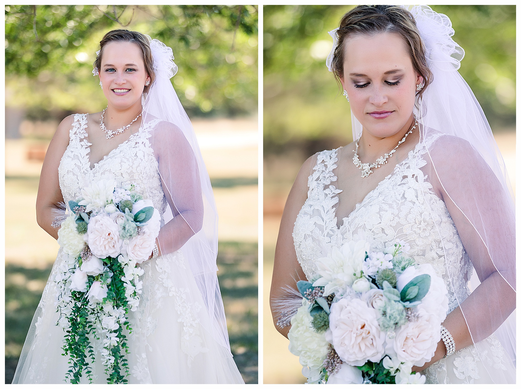 Bridal portraits with white, pink and sage bouquet