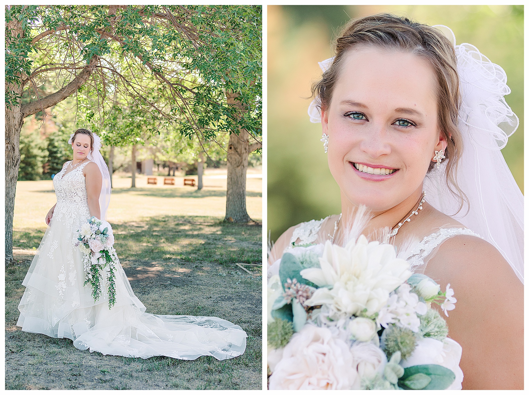 Bridal portraits with white, pink and sage bouquet.  Summer wedding at the lake