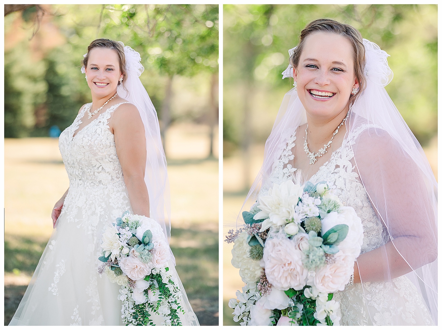 Bride laughing with Bridal portraits with white, pink and sage bouquet