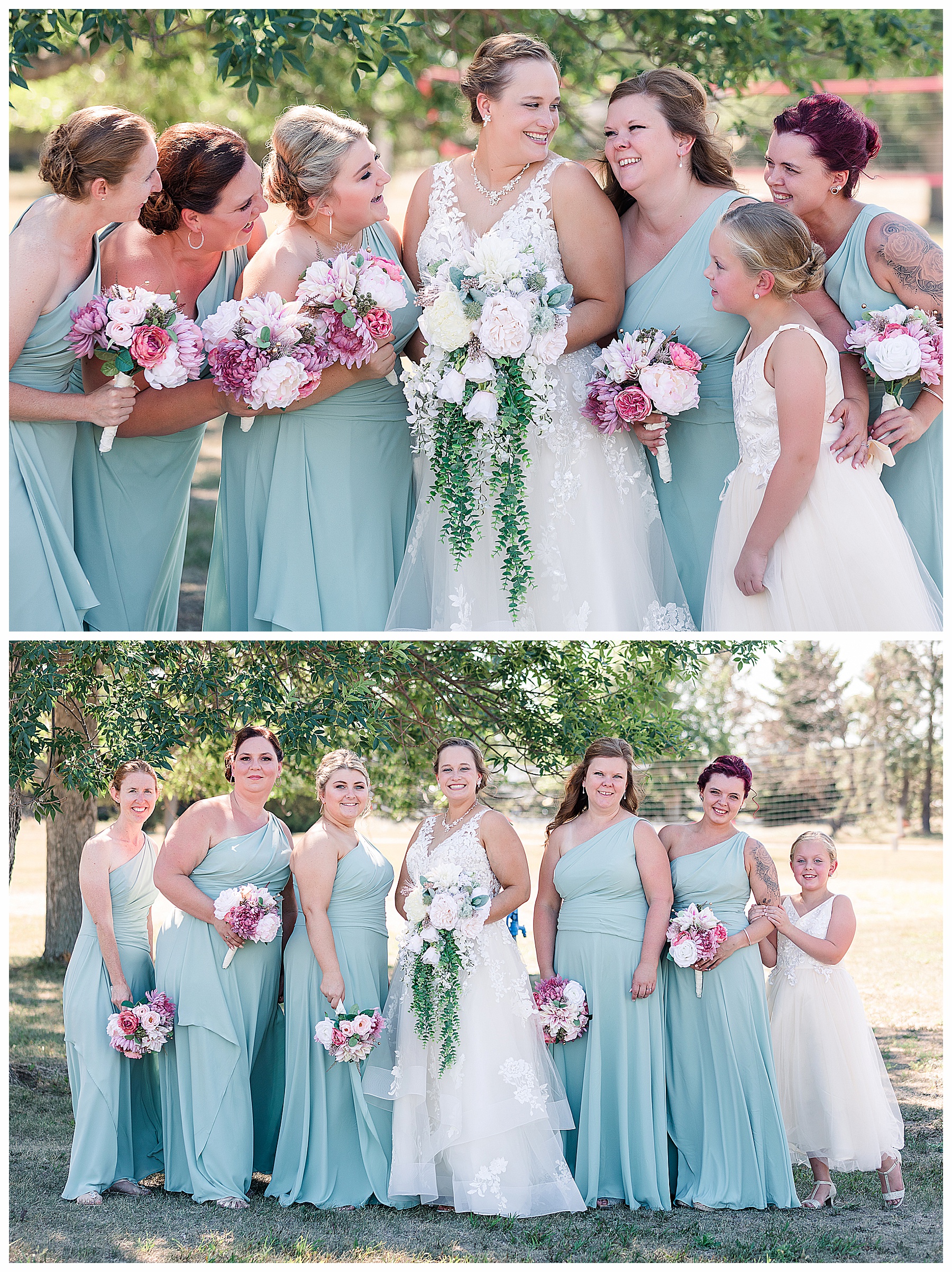 Bride and brides maids wearing soft green and pink bouquets