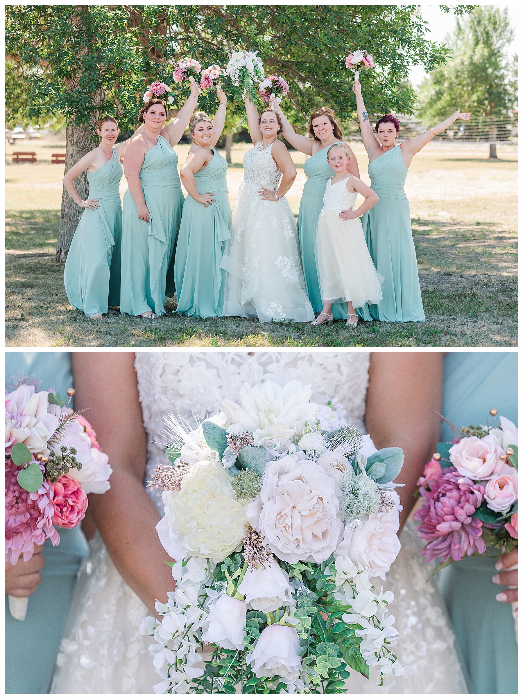 Bride and brides maids wearing soft green and pink bouquets