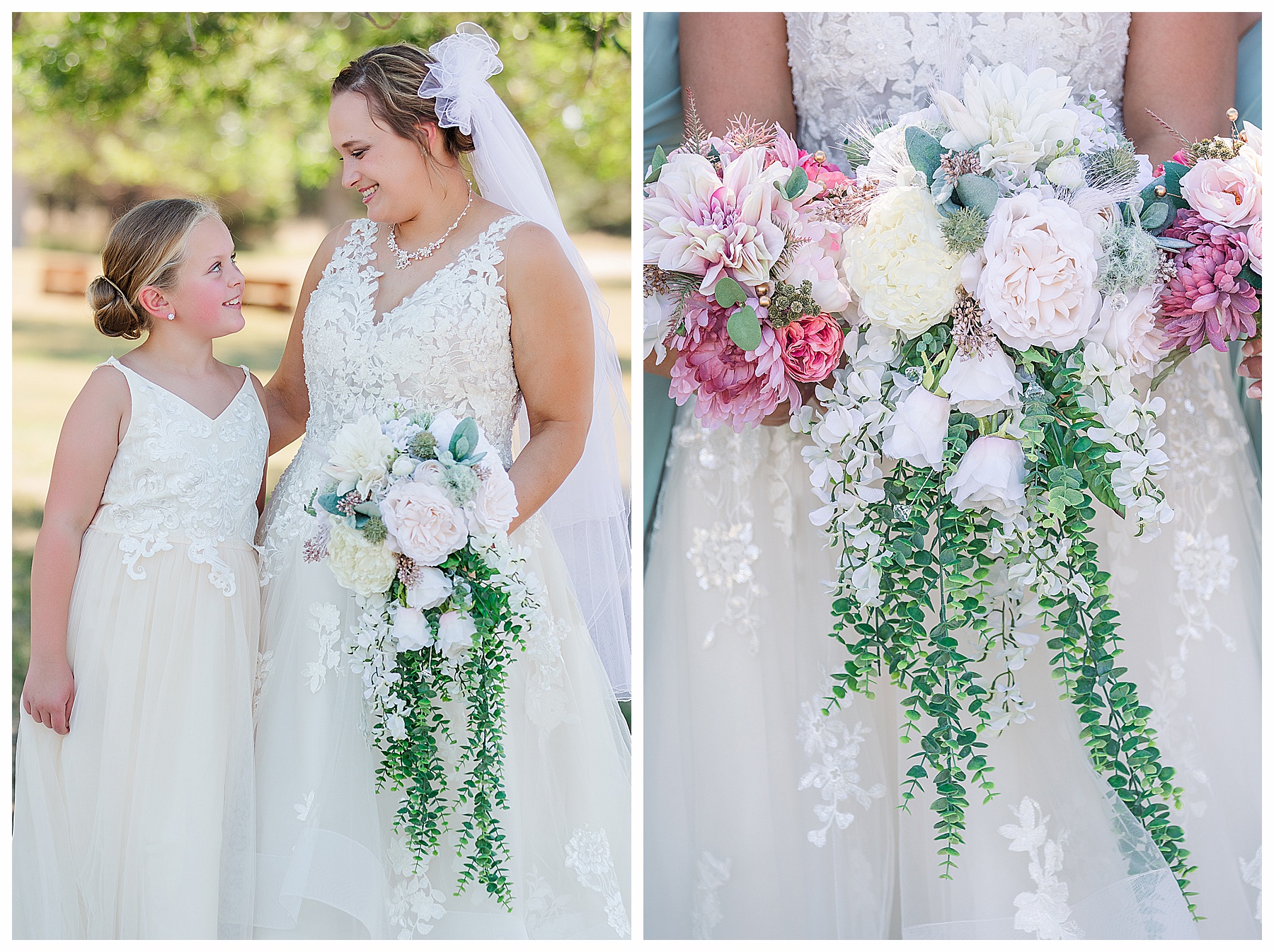 bride and flower girl smiling at each other
