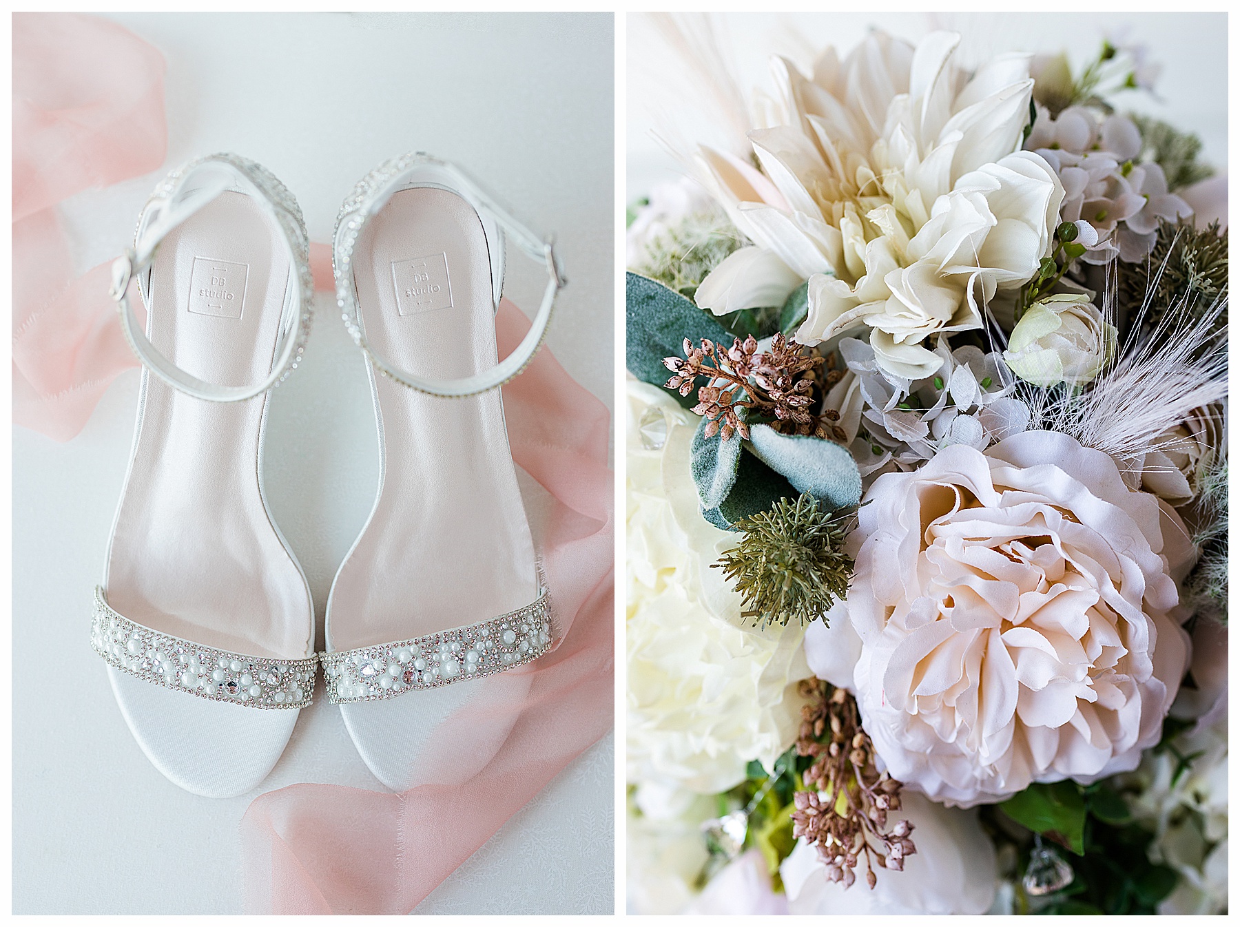 details photo of bride's shoes and bouquet