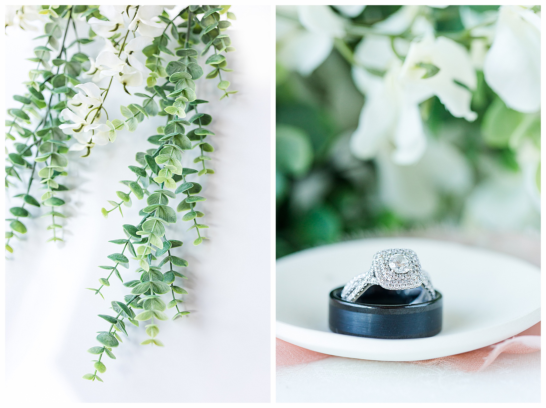 details photo of wedding rings with greens