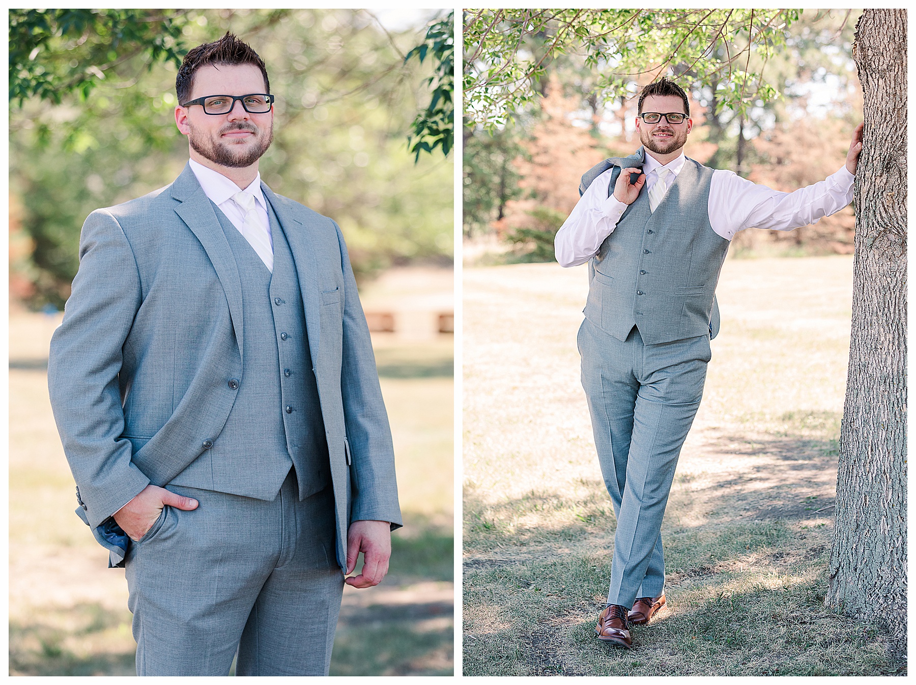 groom portrait leasing against tree
