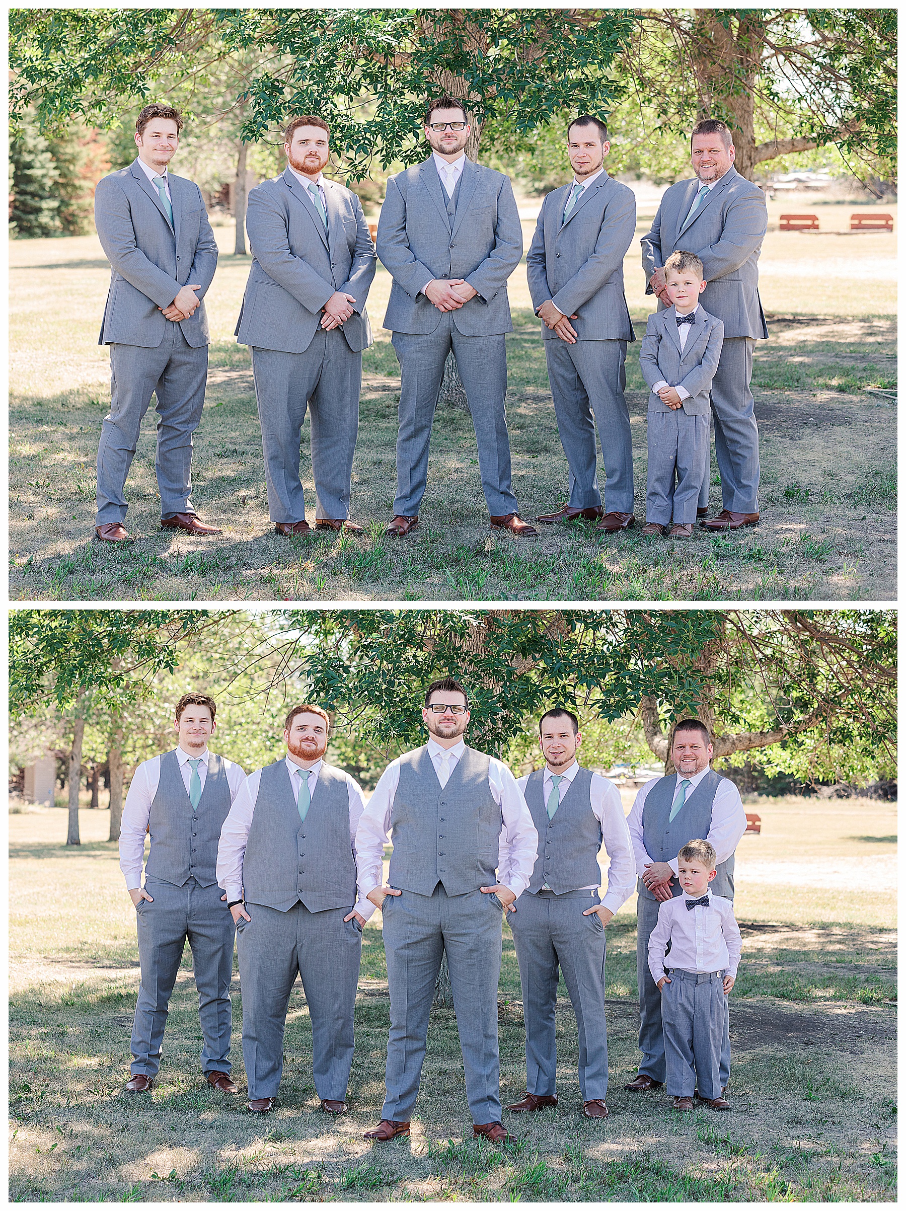 Groom and groomsmen in grey suits.  Summer wedding at the lake