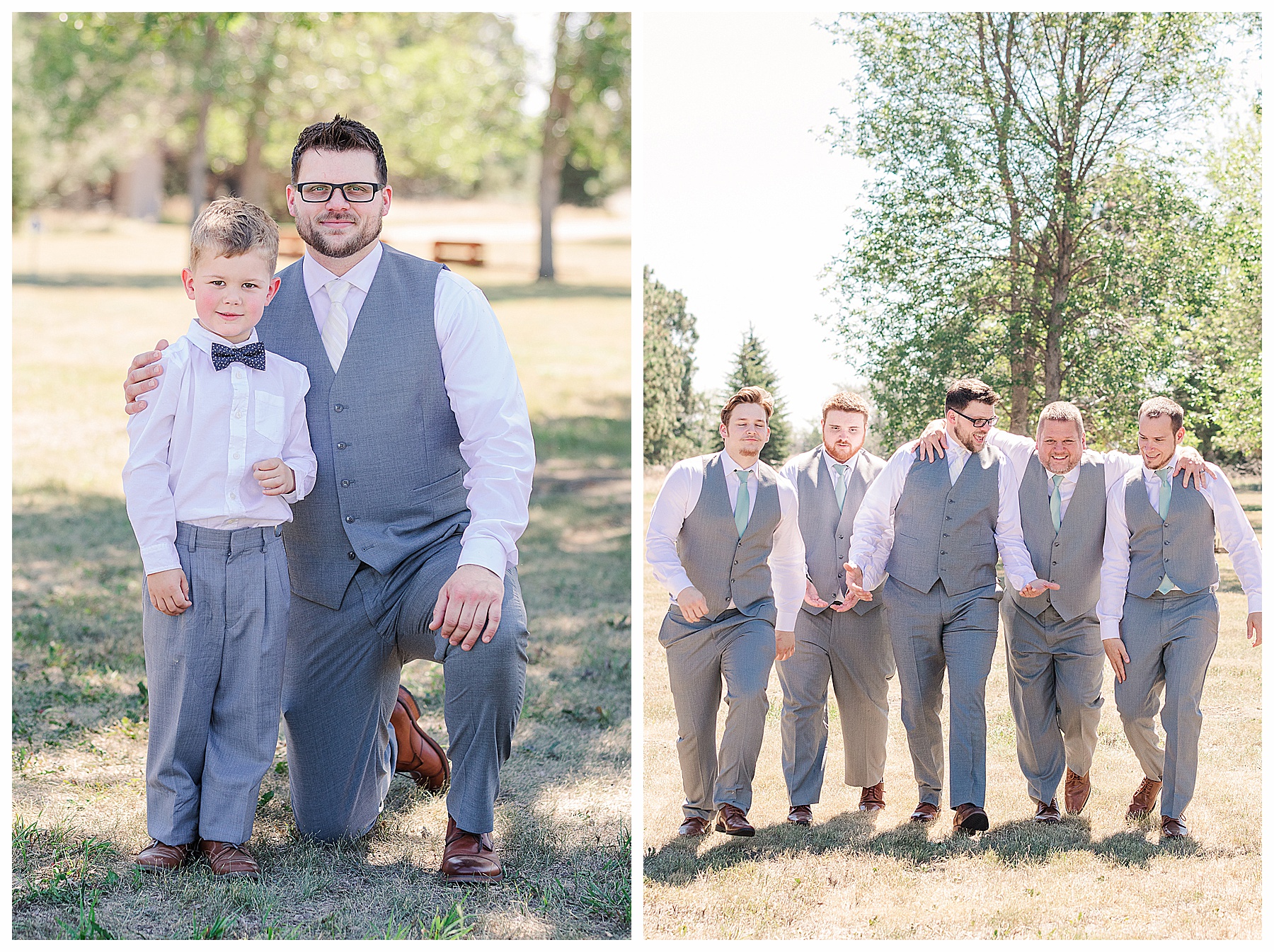 Grom and groomsmen in grey suits walking and laughing